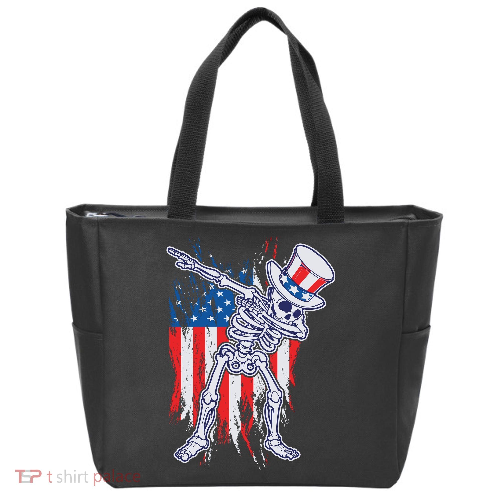 Funny Patriotic USA American Flag Dabbing Skeleton Tote Bag