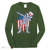 Funny Patriotic USA American Flag Dabbing Skeleton Long Sleeve Shirt thumb 0