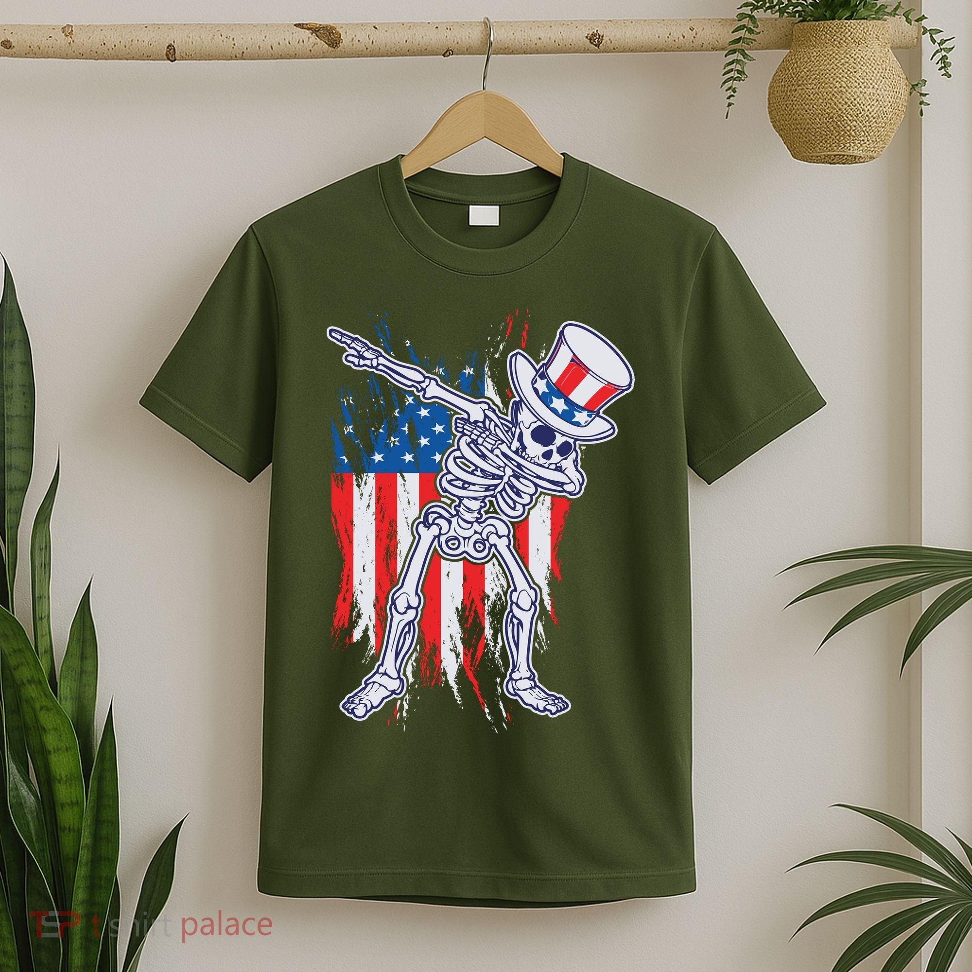 Funny Patriotic USA American Flag Dabbing Skeleton T-Shirt