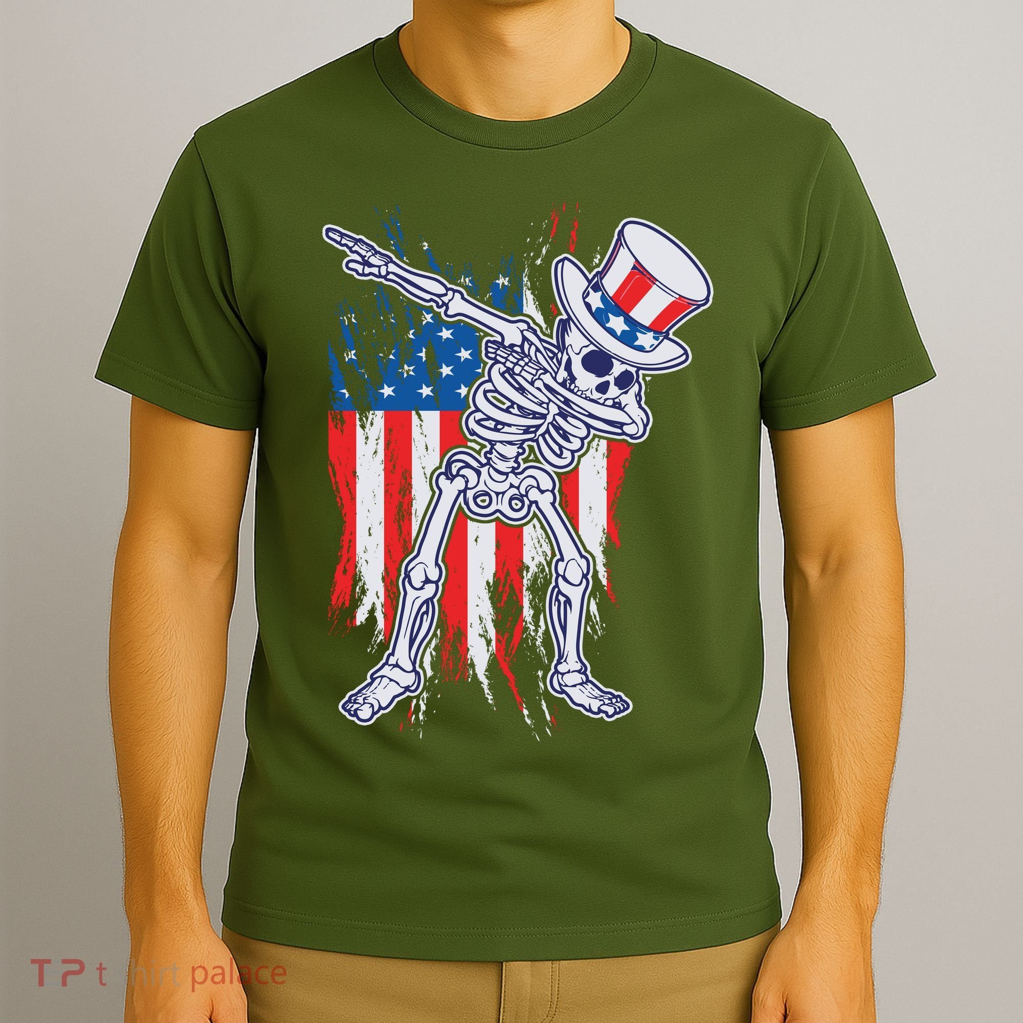 Funny Patriotic USA American Flag Dabbing Skeleton T-Shirt