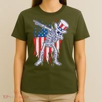 Funny Patriotic USA American Flag Dabbing Skeleton T-Shirt thumb 4