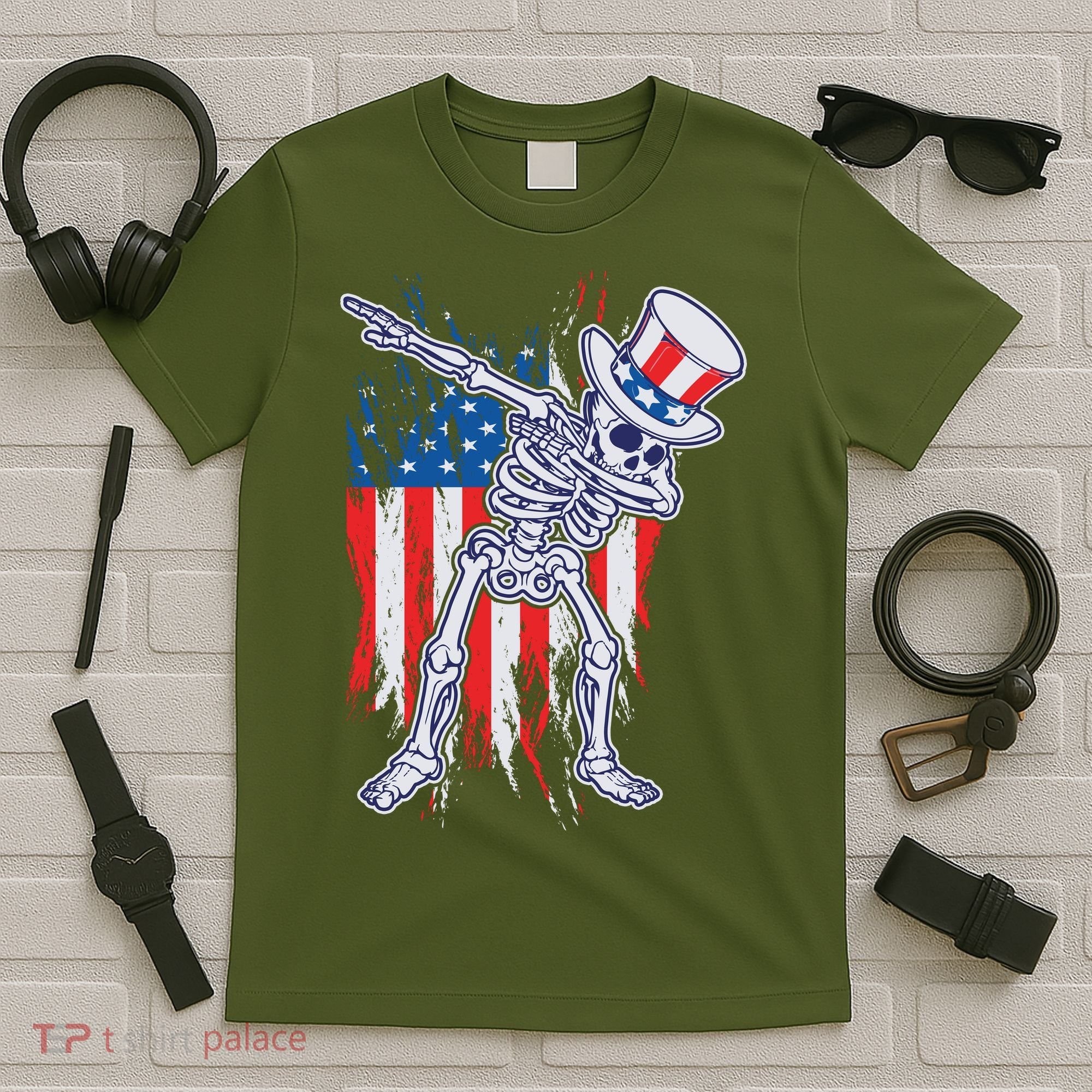 Funny Patriotic USA American Flag Dabbing Skeleton T-Shirt