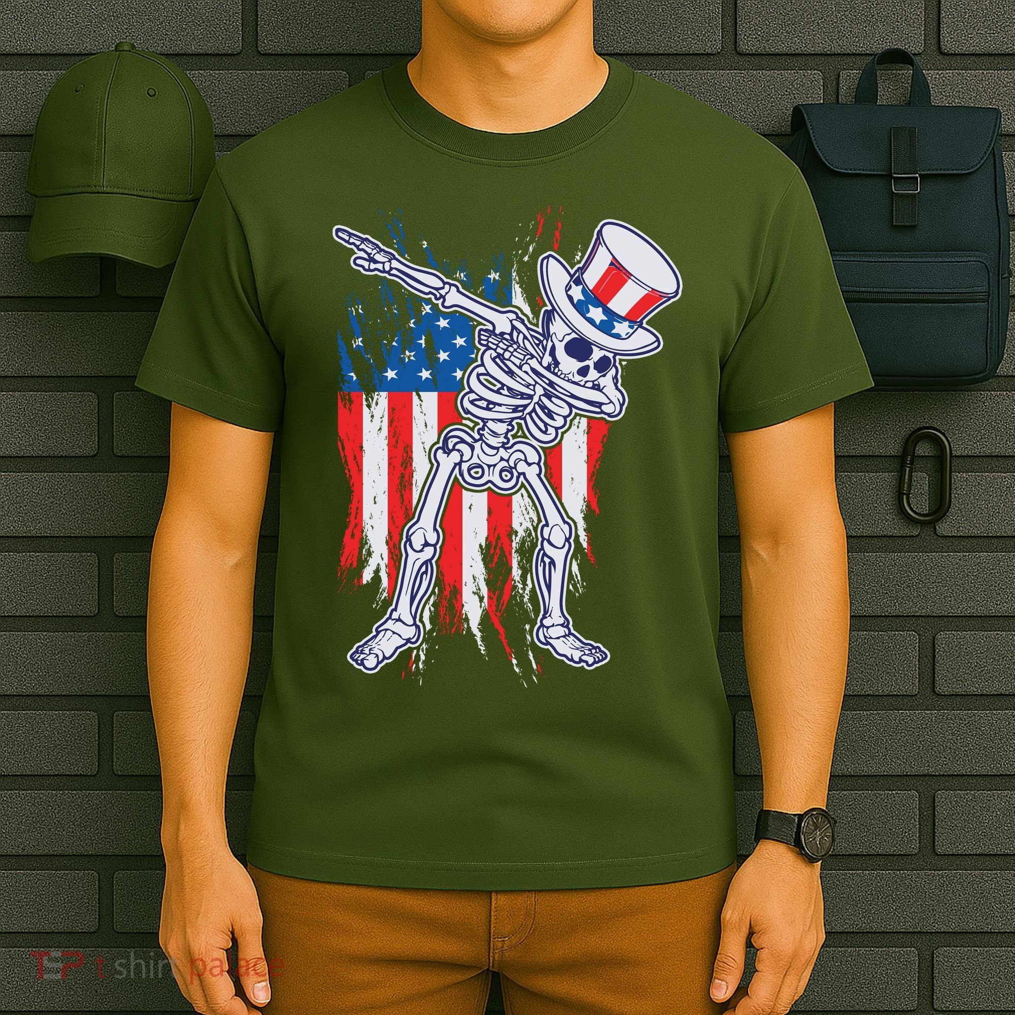 Funny Patriotic USA American Flag Dabbing Skeleton T-Shirt