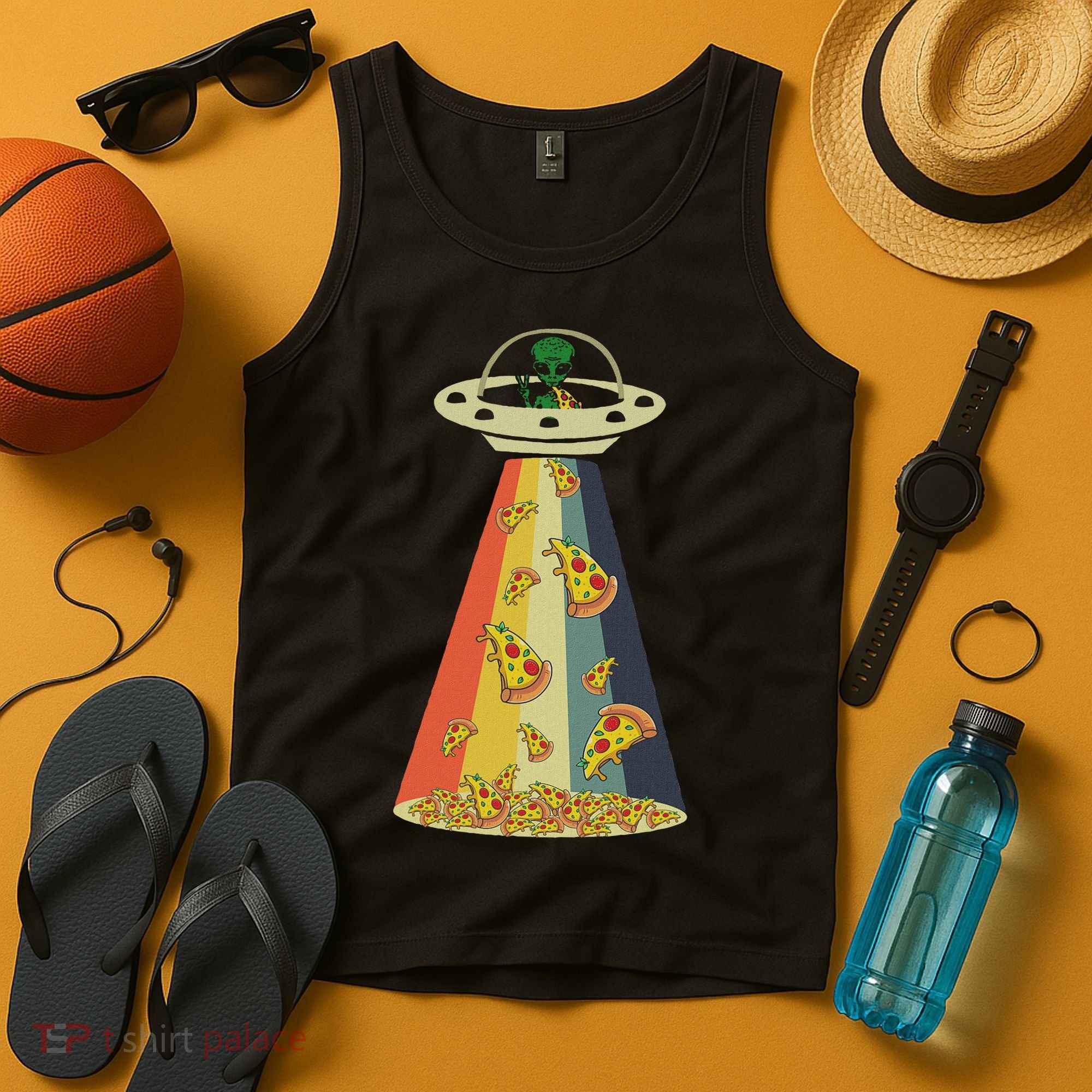 Funny Pizza Ufo Alien Eating Pizza A Ufo Extraterrestrial Tank Top