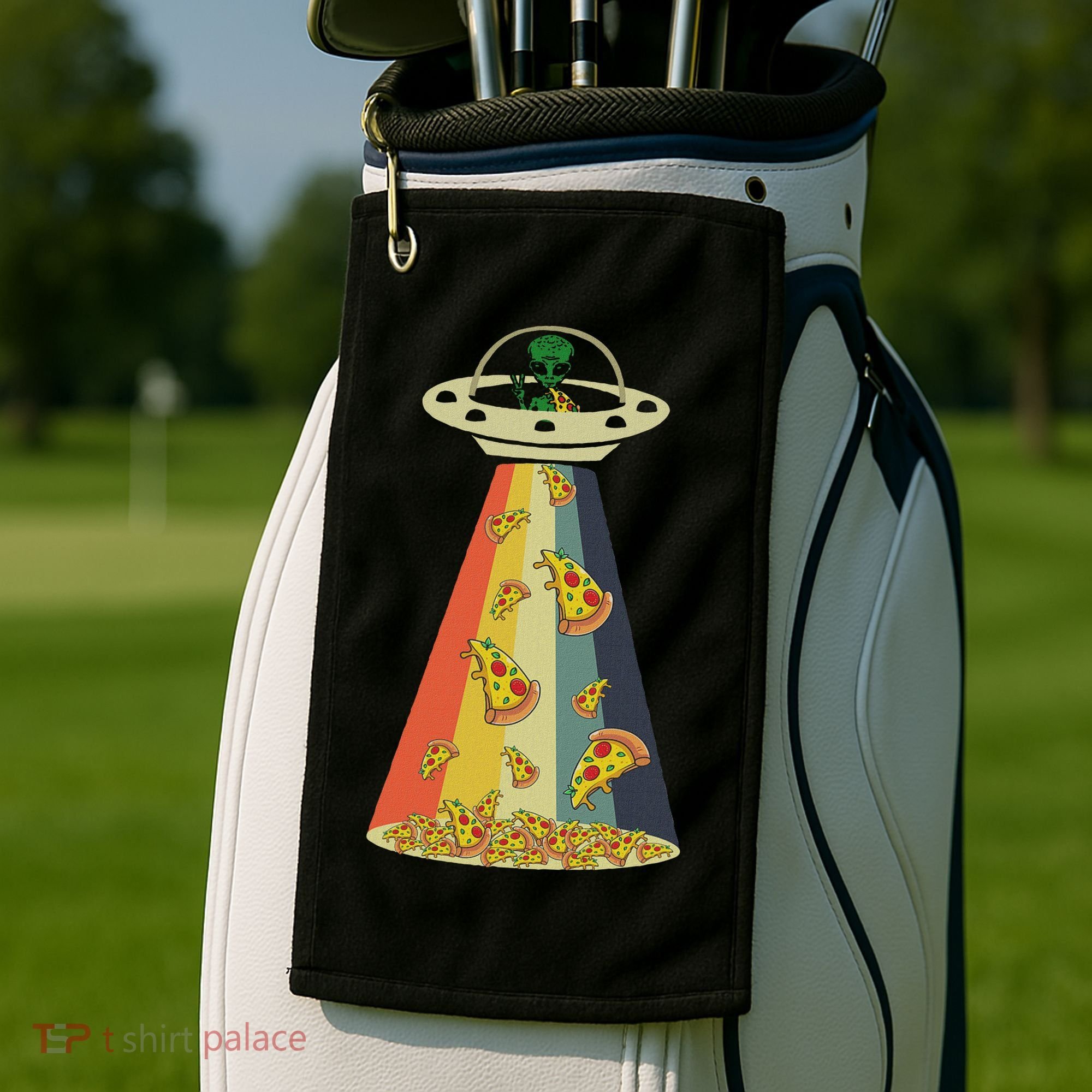 Funny Pizza Ufo Alien Eating Pizza A Ufo Extraterrestrial Golf Towel