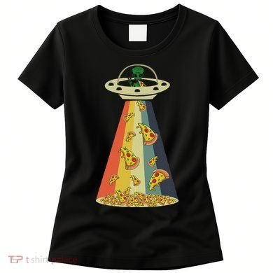 Funny Pizza Ufo Alien Eating Pizza A Ufo Extraterrestrial Women's T-Shirt