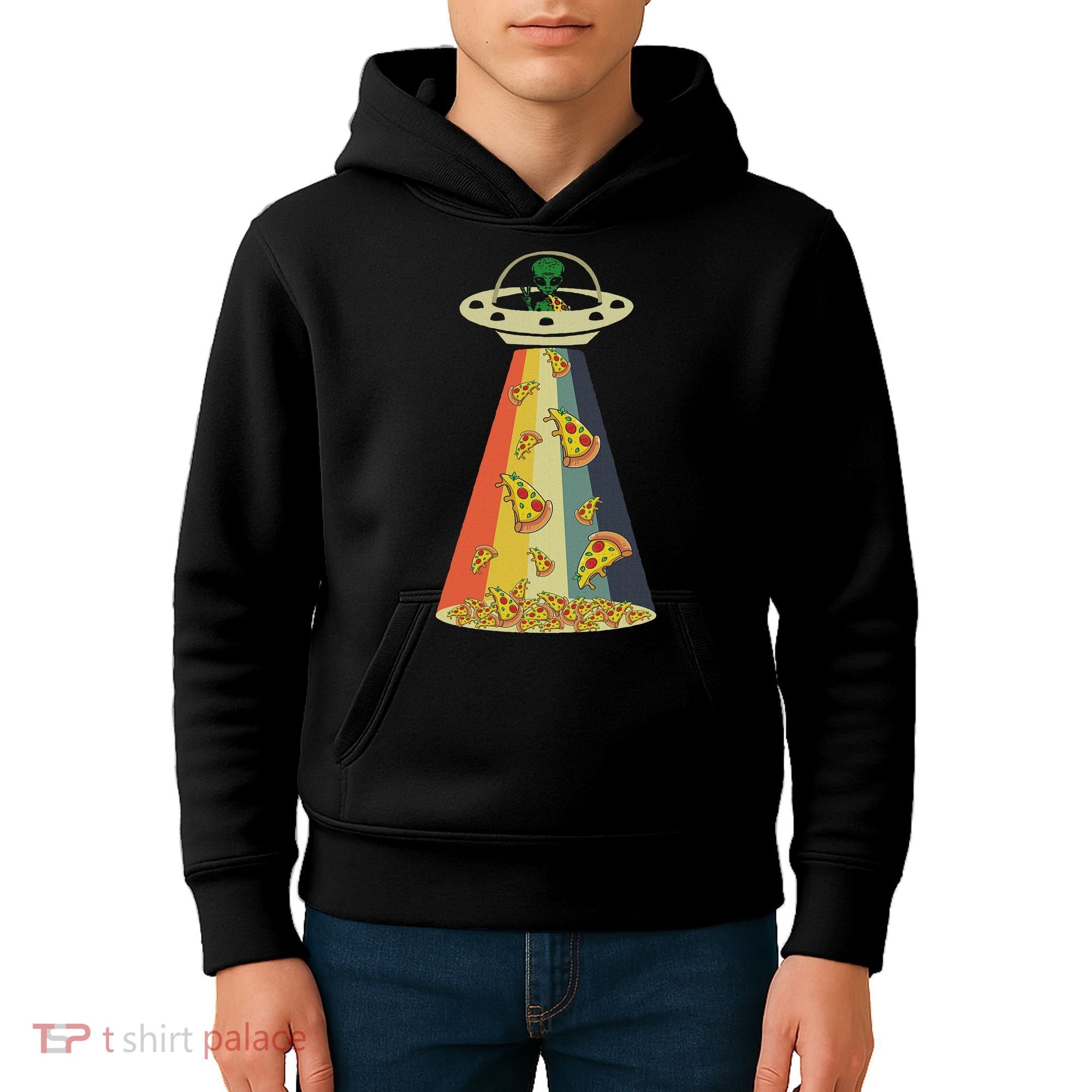 Funny Pizza Ufo Alien Eating Pizza A Ufo Extraterrestrial Kids Hoodie