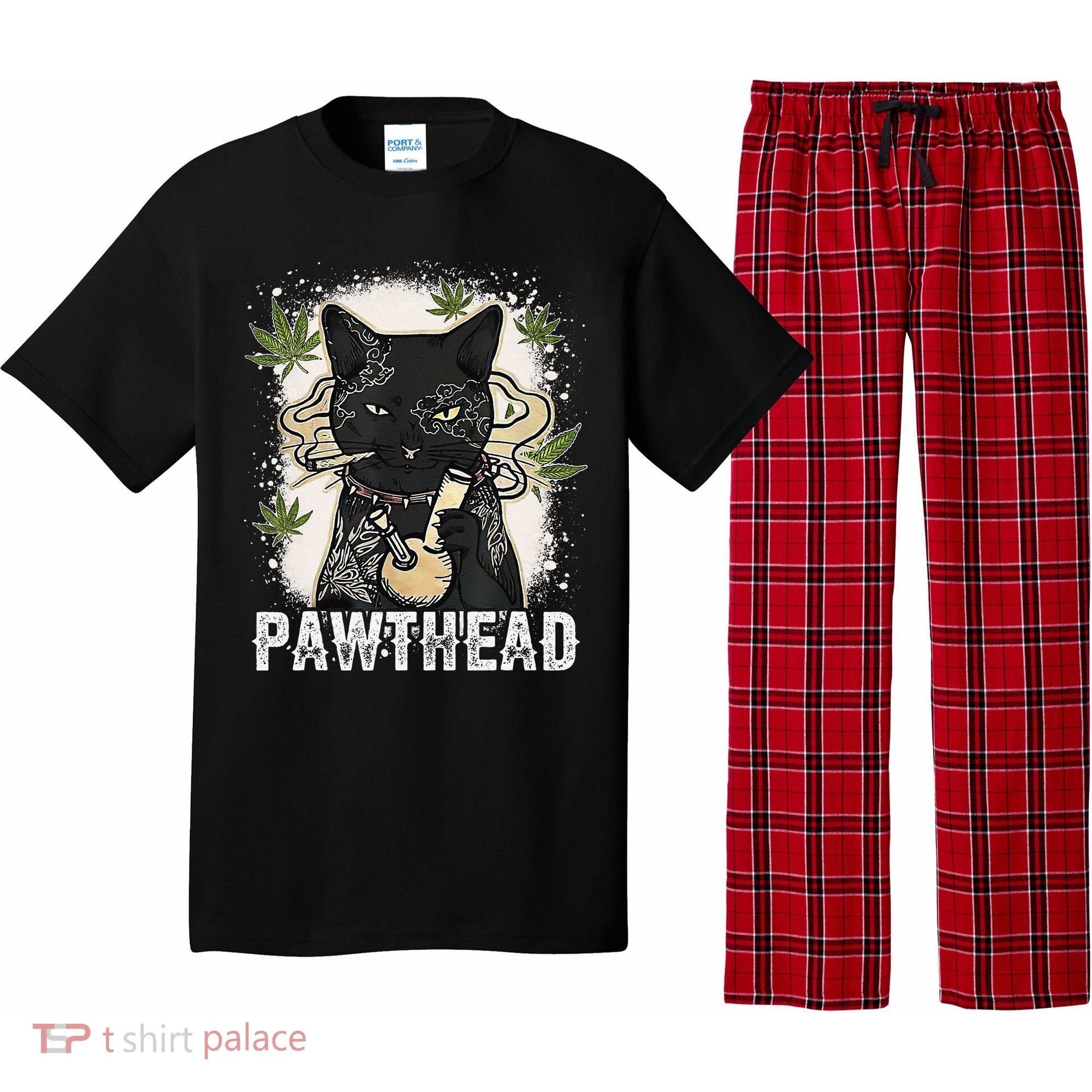 Funny Pawthead Weed Cat Smoking High Cannabis Cat 420 Stoner Pajama Set