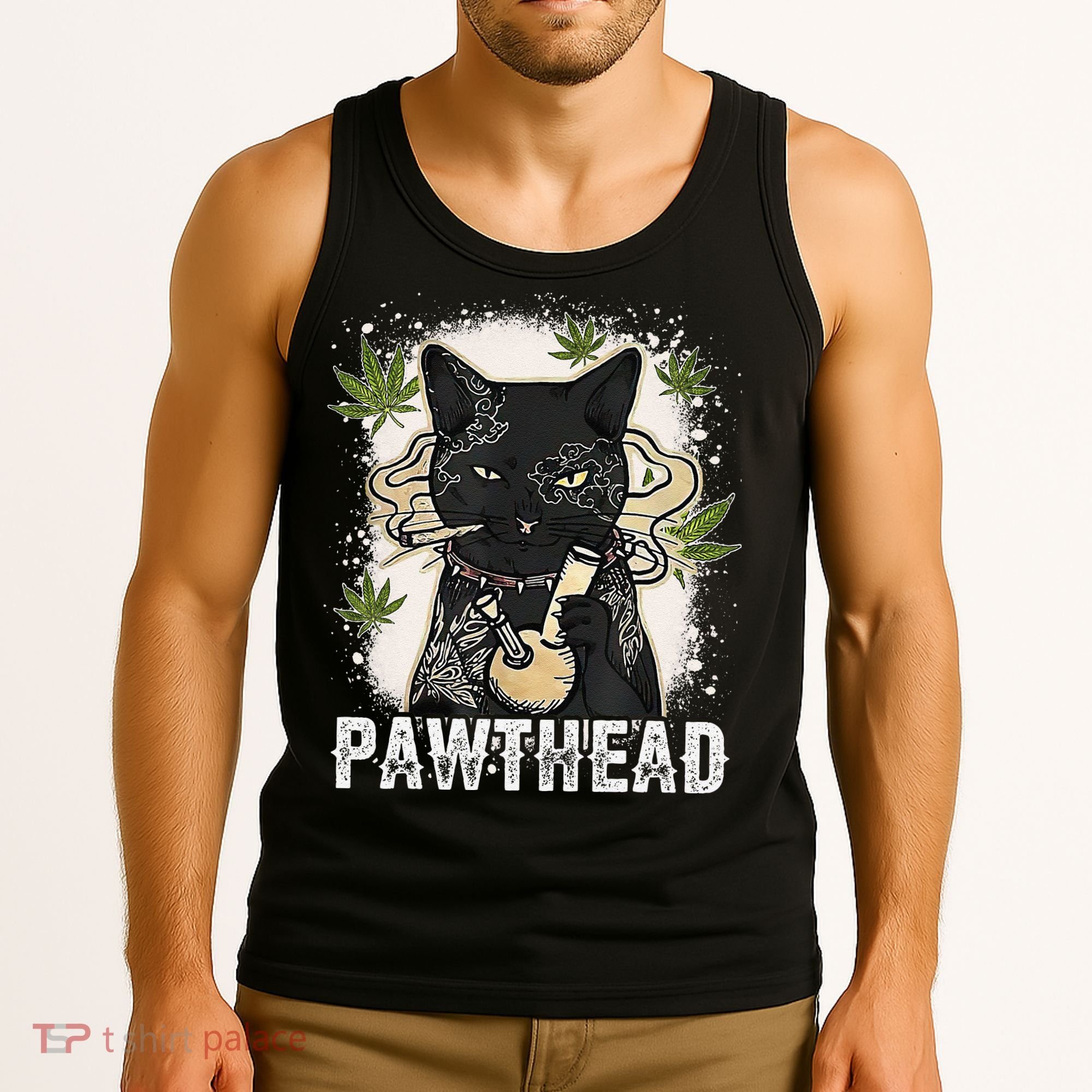 Funny Pawthead Weed Cat Smoking High Cannabis Cat 420 Stoner Tank Top