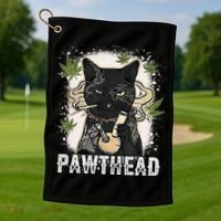 Funny Pawthead Weed Cat Smoking High Cannabis Cat 420 Stoner Golf Towel thumb 1