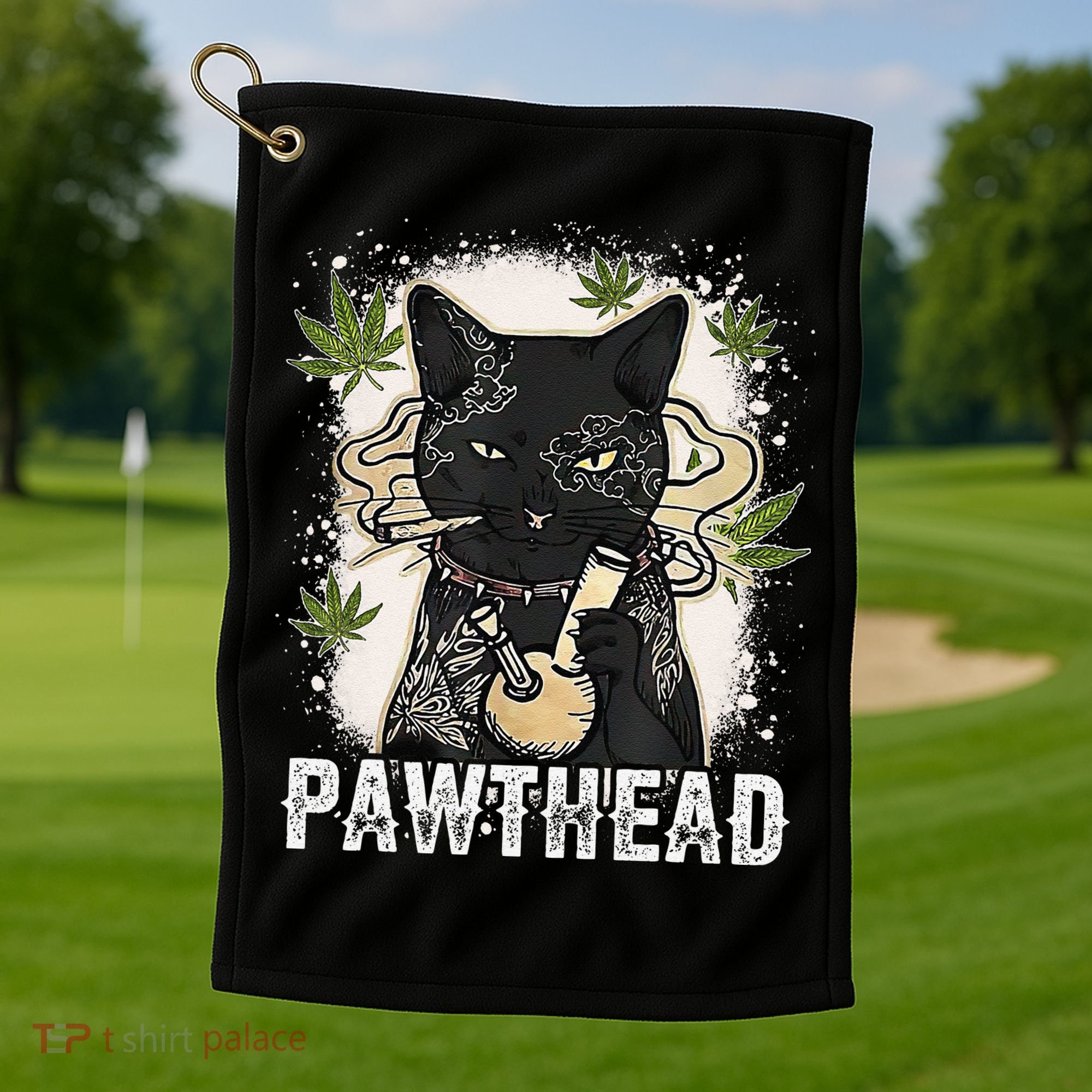 Funny Pawthead Weed Cat Smoking High Cannabis Cat 420 Stoner Golf Towel