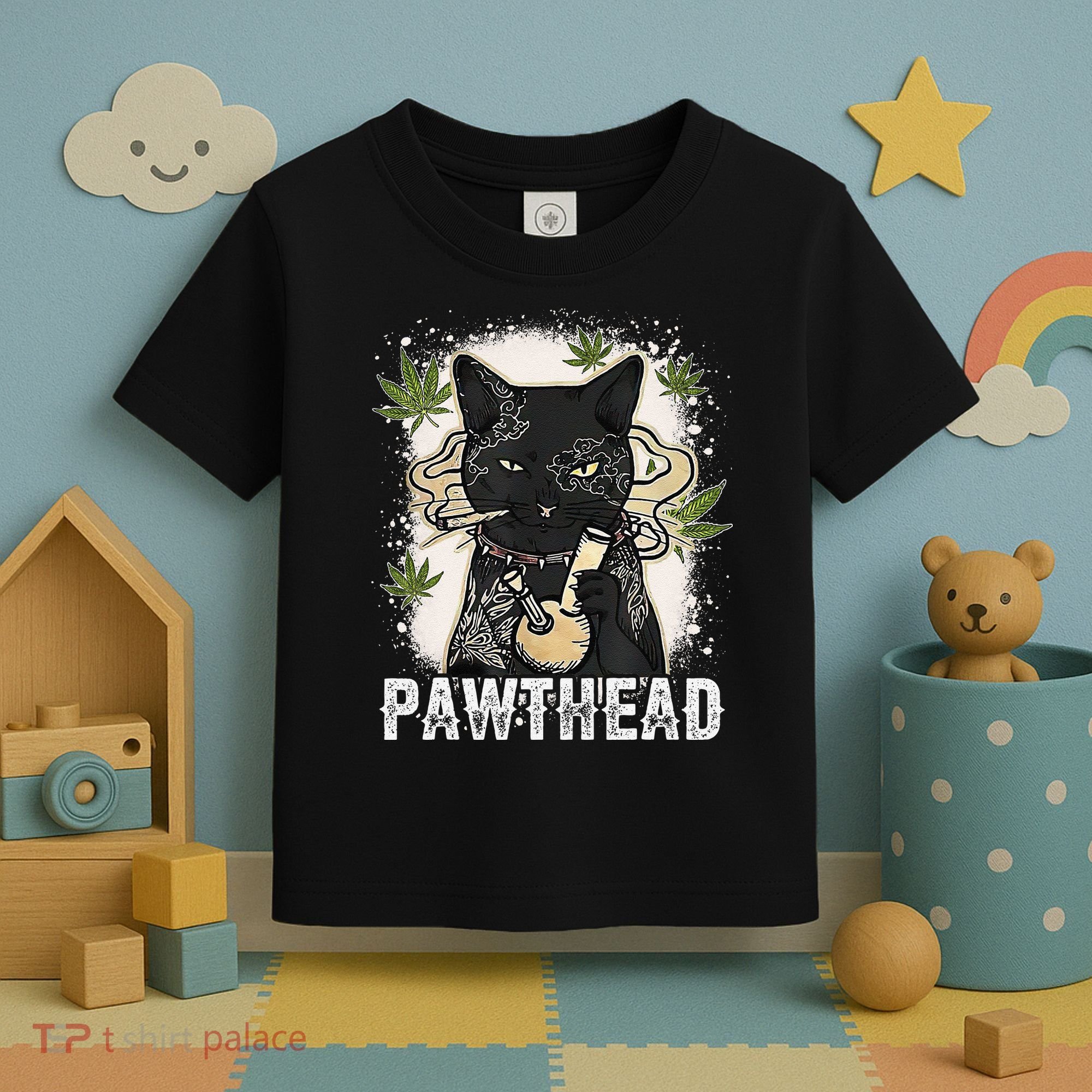 Funny Pawthead Weed Cat Smoking High Cannabis Cat 420 Stoner Toddler T-Shirt