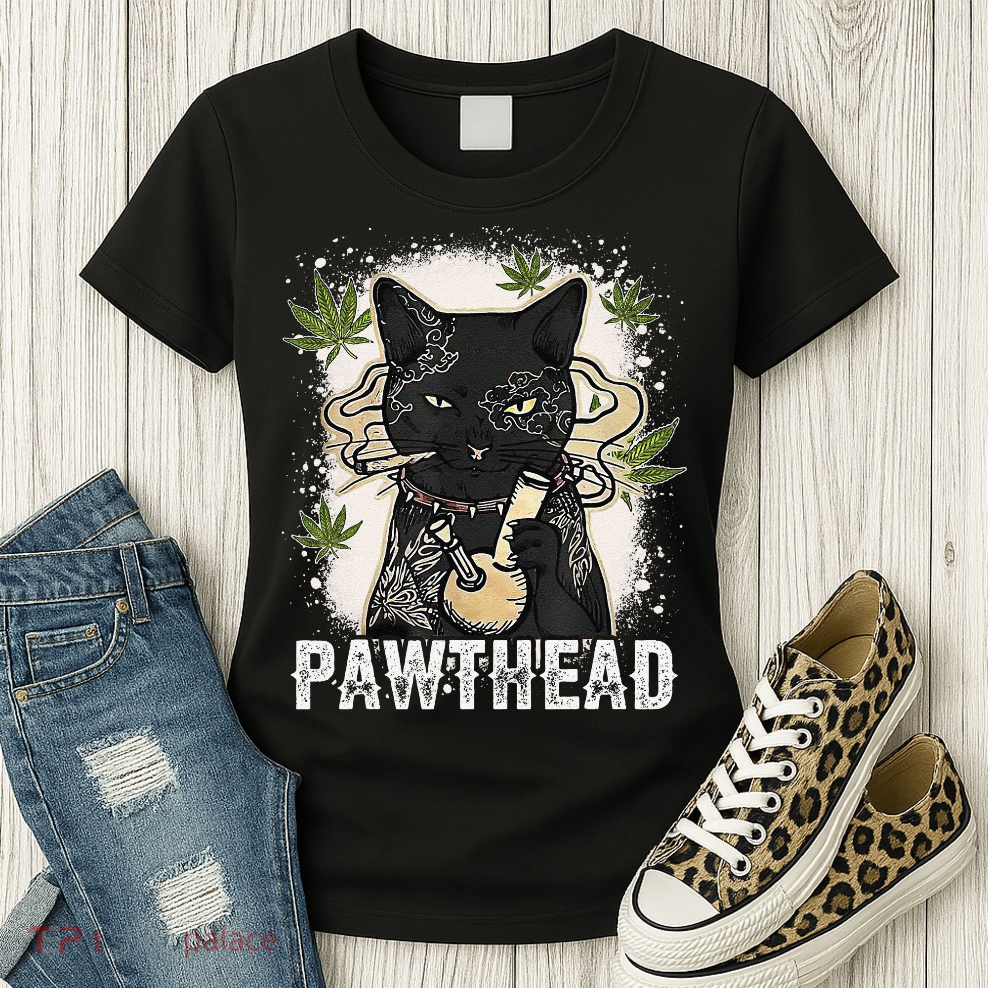 Funny Pawthead Weed Cat Smoking High Cannabis Cat 420 Stoner Women's T-Shirt