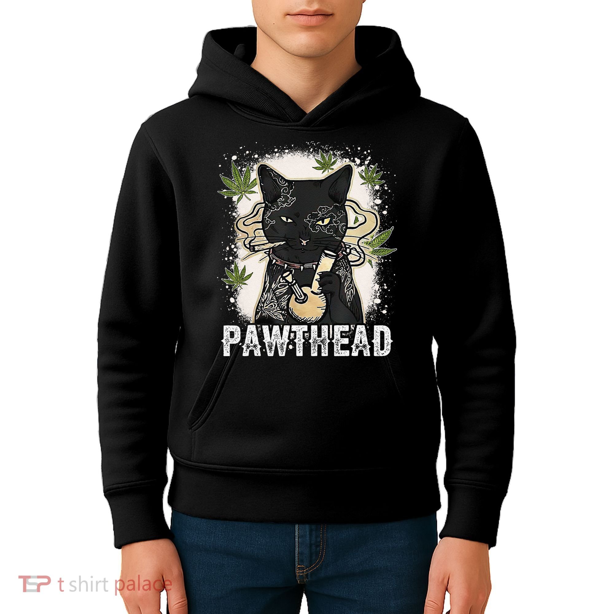 Funny Pawthead Weed Cat Smoking High Cannabis Cat 420 Stoner Kids Hoodie