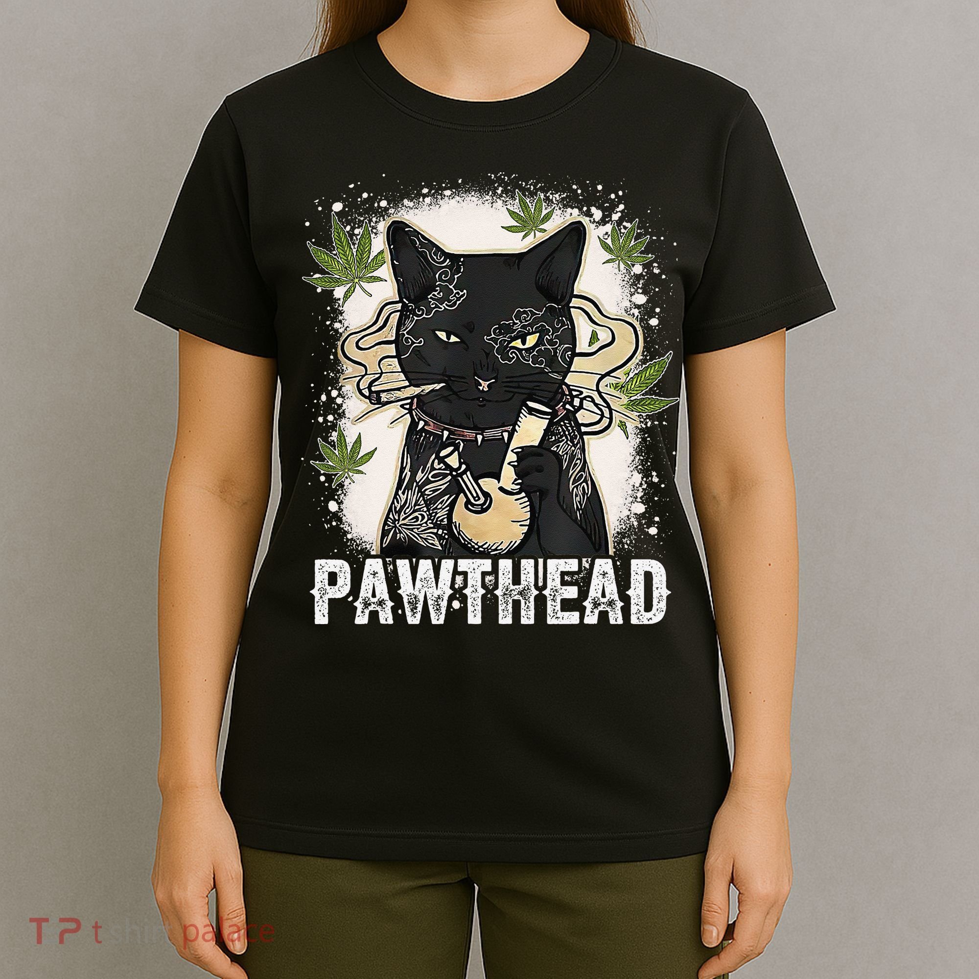 Funny Pawthead Weed Cat Smoking High Cannabis Cat 420 Stoner T-Shirt