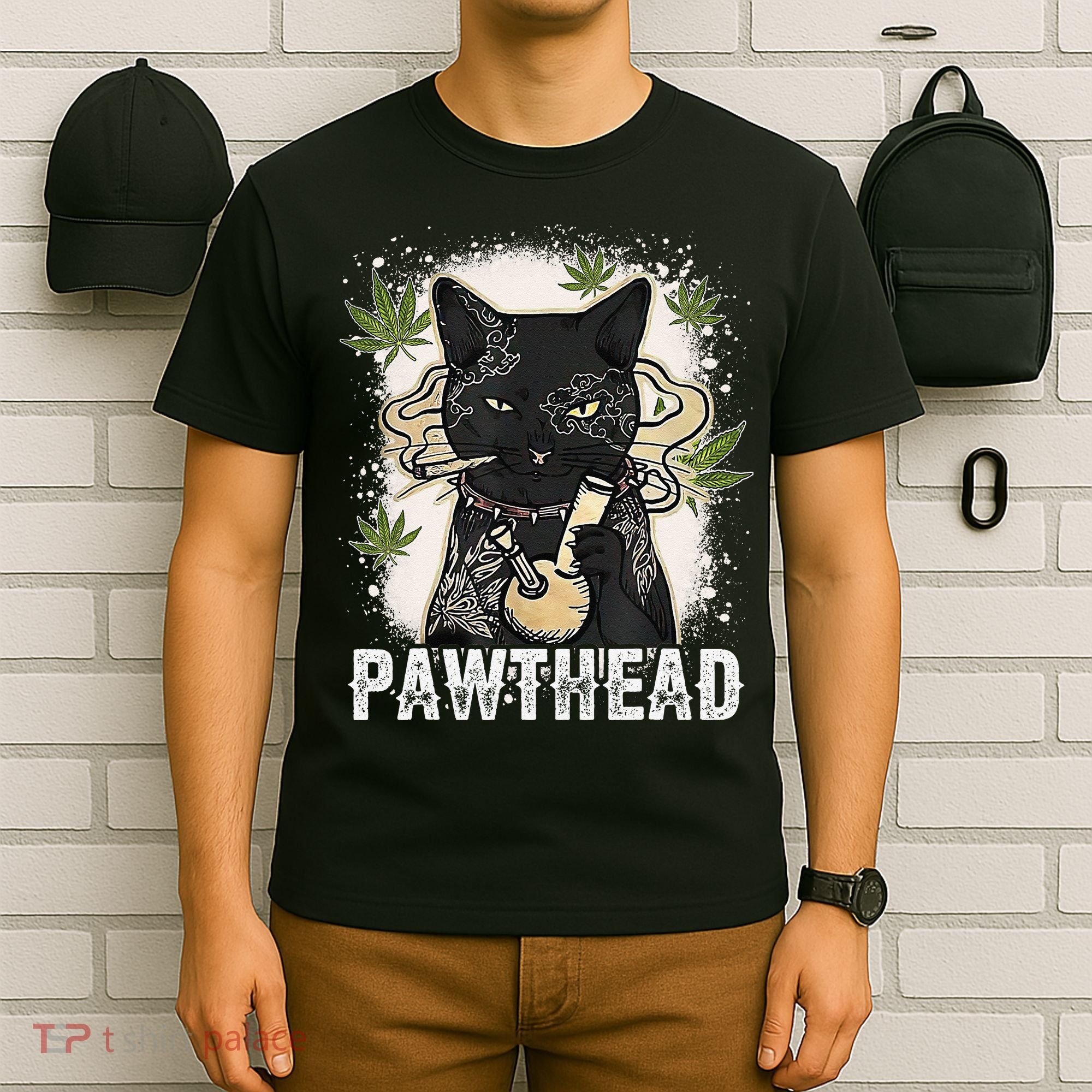 Funny Pawthead Weed Cat Smoking High Cannabis Cat 420 Stoner T-Shirt