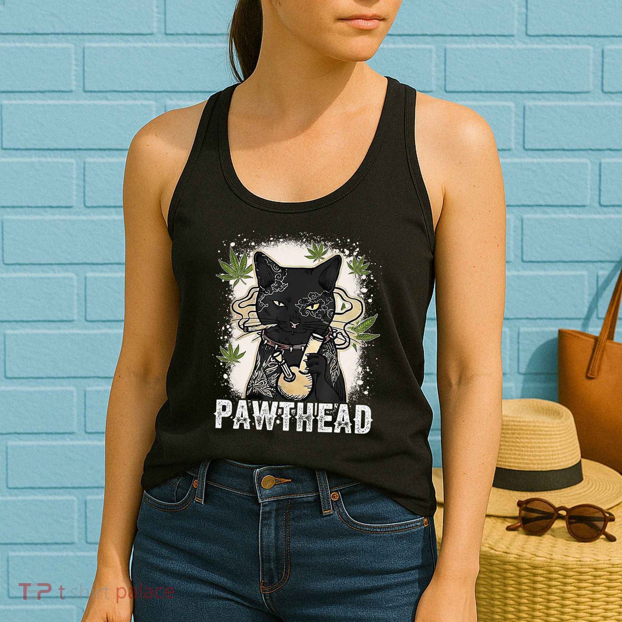 Funny Pawthead Weed Cat Smoking High Cannabis Cat 420 Stoner Women's Tank Top