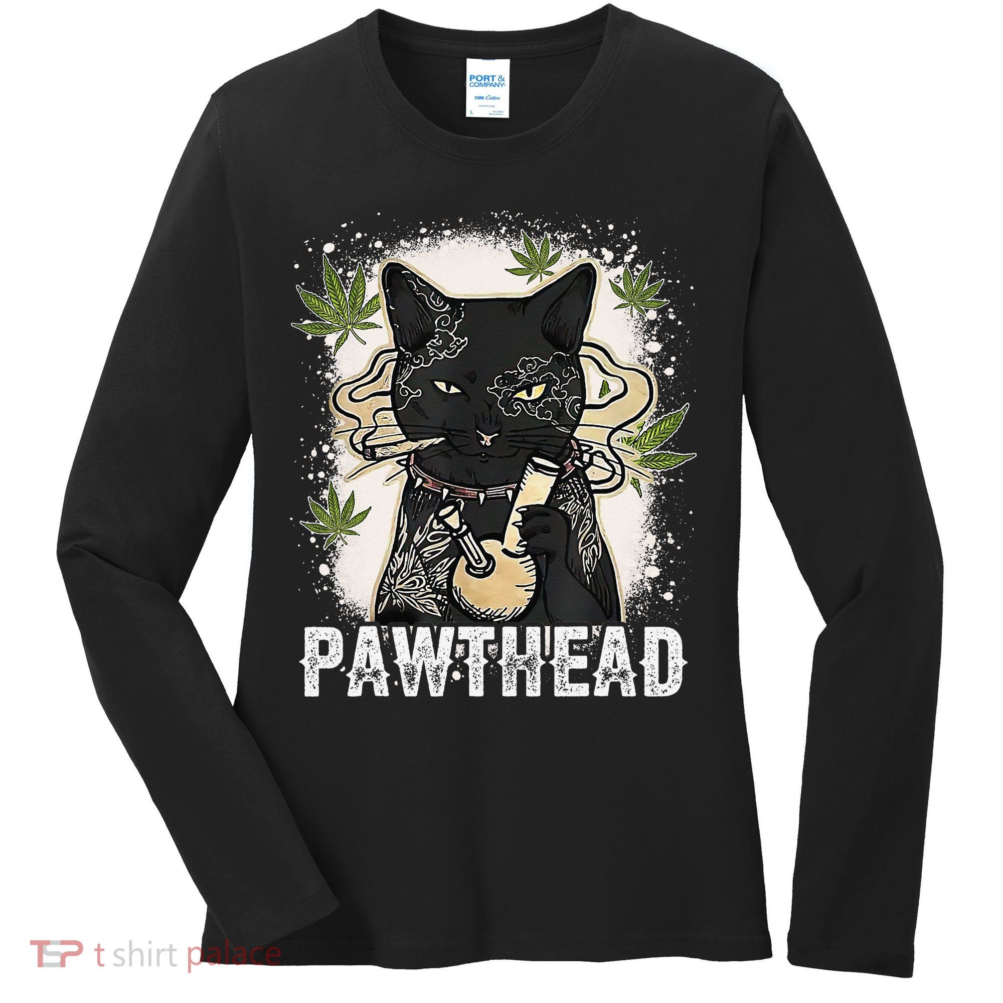 Funny Pawthead Weed Cat Smoking High Cannabis Cat 420 Stoner Women's Long Sleeve Shirt