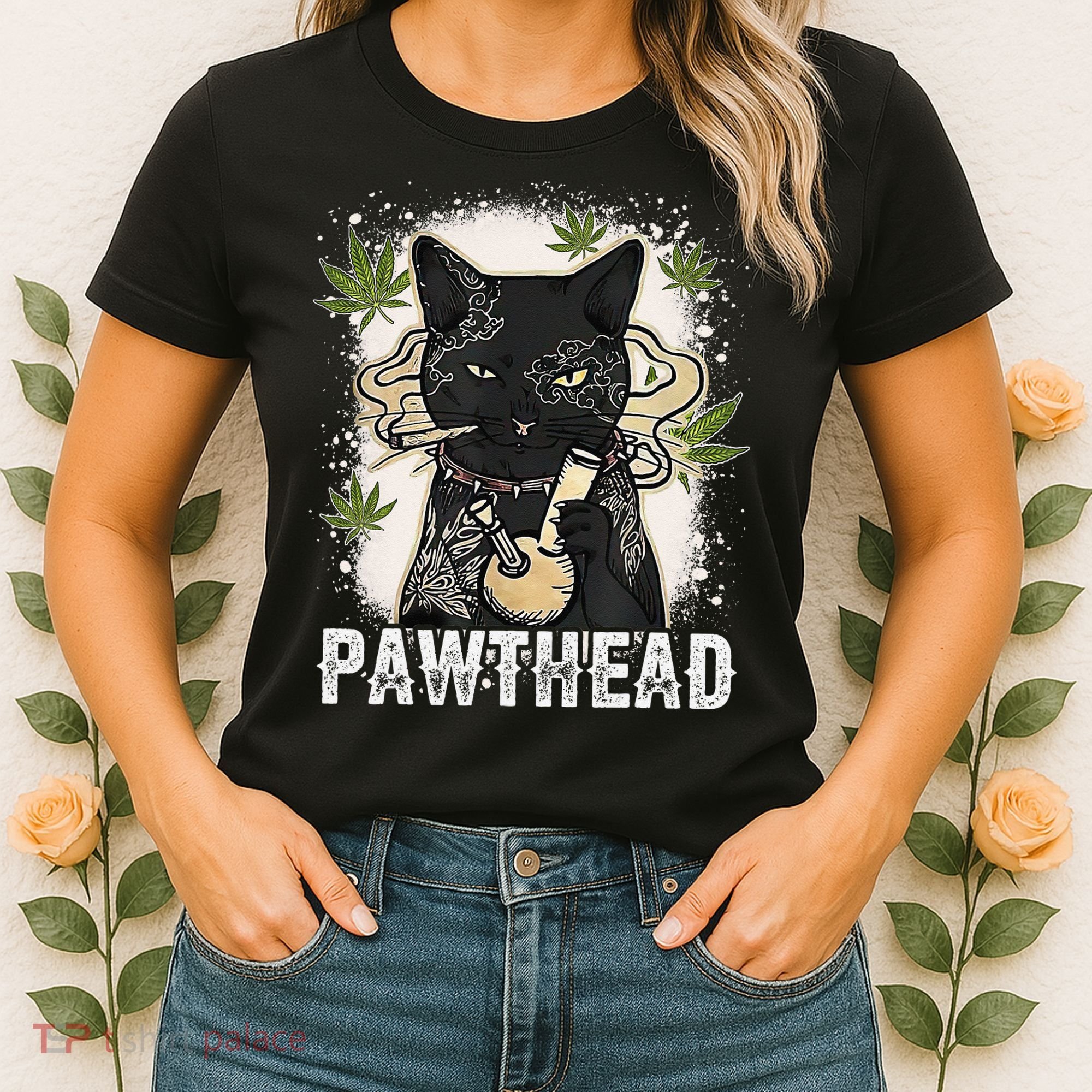 Funny Pawthead Weed Cat Smoking High Cannabis Cat 420 Stoner Women's T-Shirt