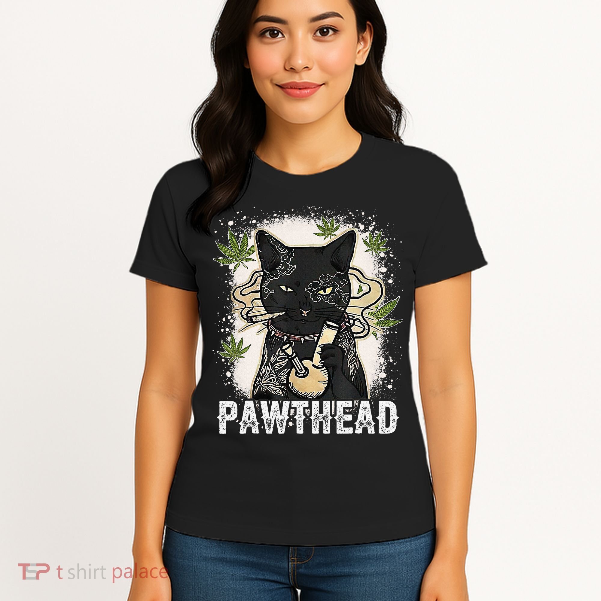 Funny Pawthead Weed Cat Smoking High Cannabis Cat 420 Stoner Women's T-Shirt