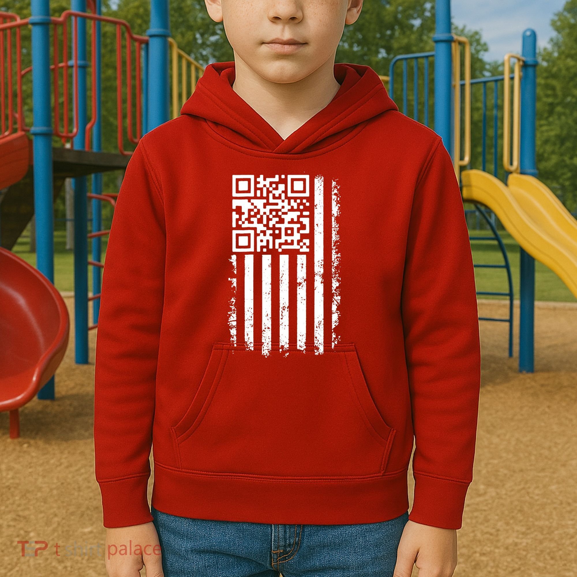 Funny Qr Scan Me President Trump 45 47 Dancing Code Flag Kids Hoodie