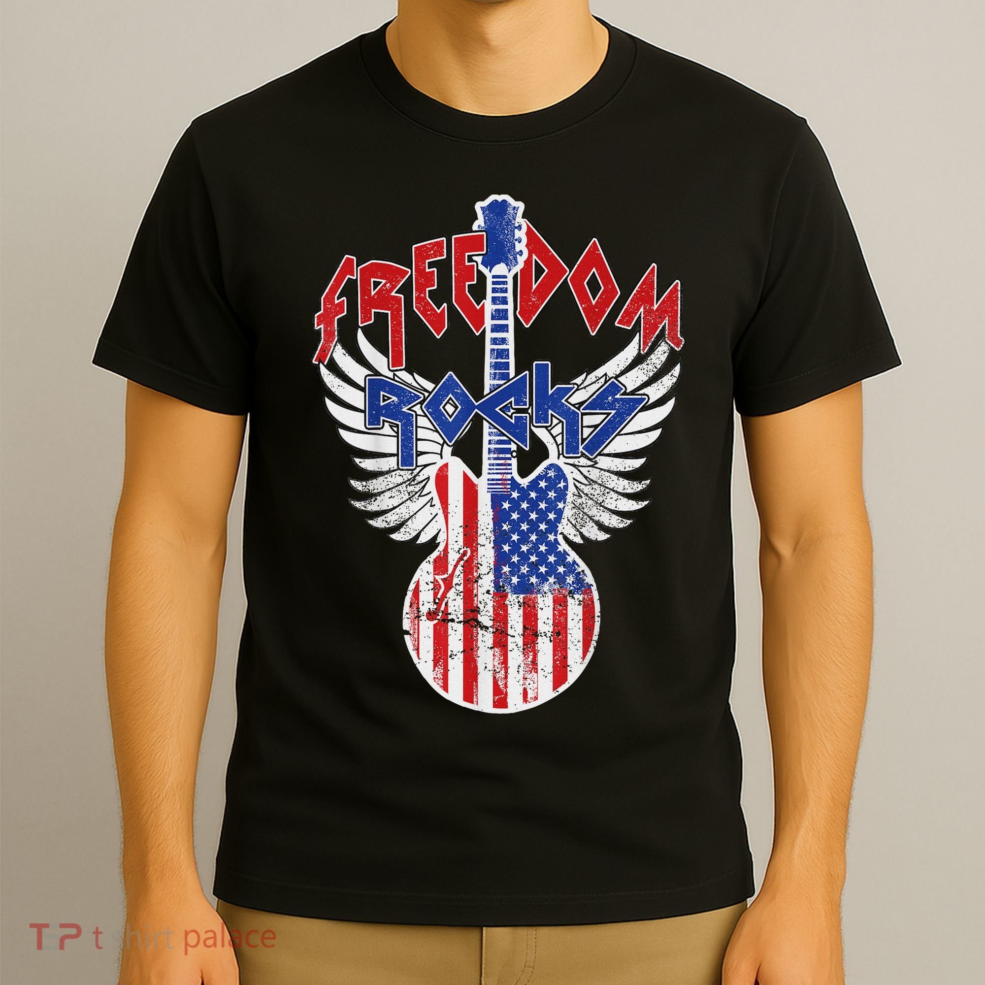 Freedom Rocks 4th Of July Patriotic Usa Flag Rocks Guitar T-Shirt