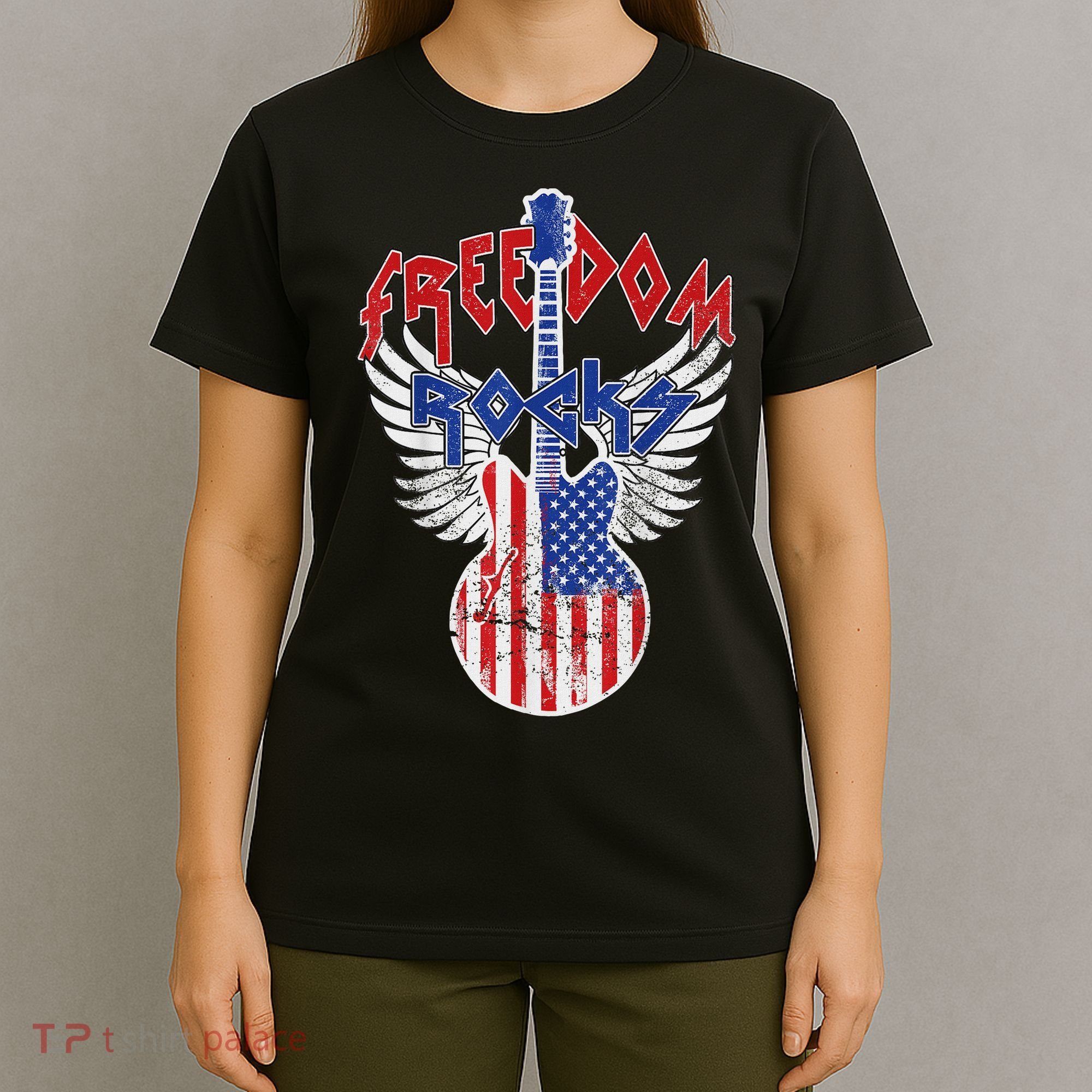 Freedom Rocks 4th Of July Patriotic Usa Flag Rocks Guitar T-Shirt