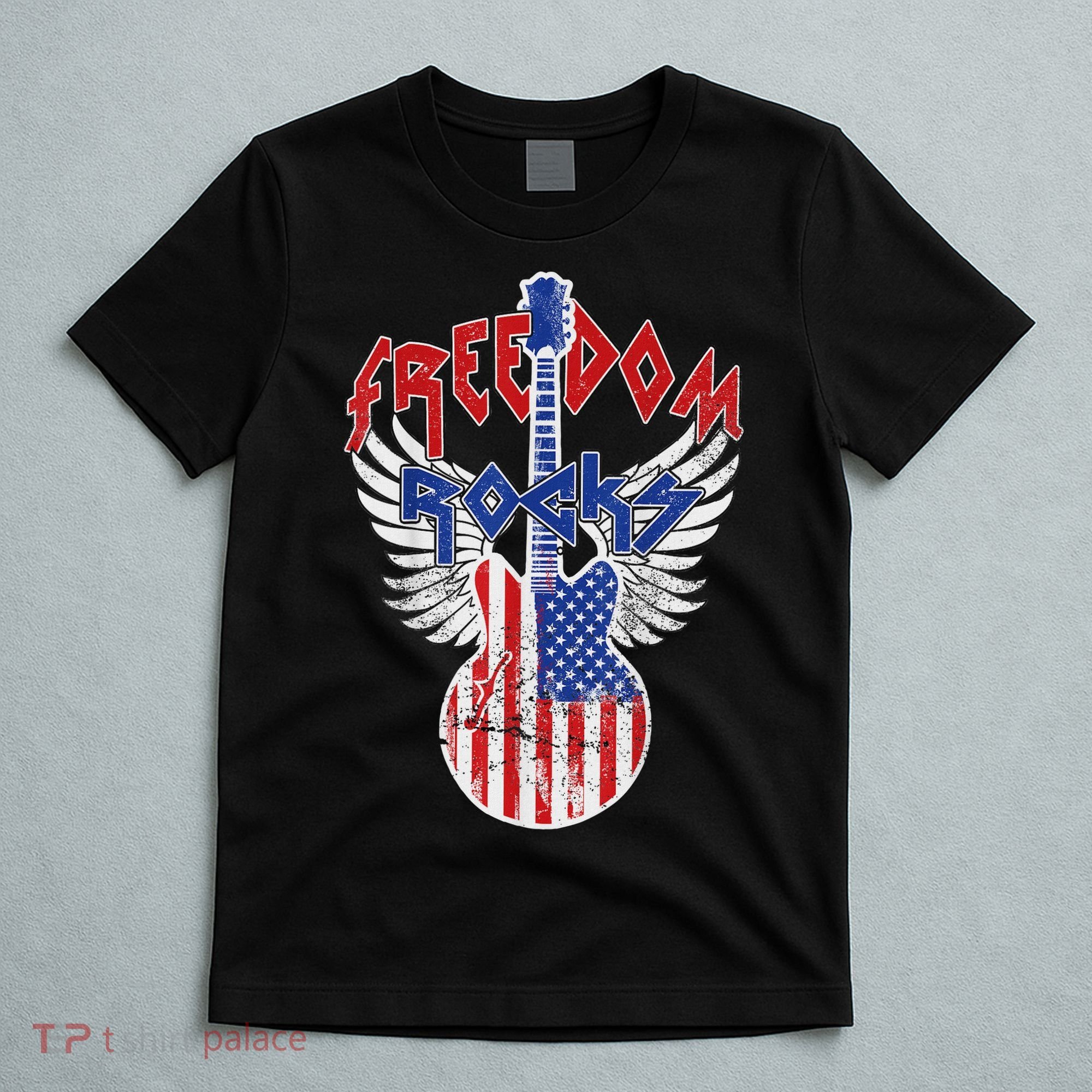 Freedom Rocks 4th Of July Patriotic Usa Flag Rocks Guitar T-Shirt