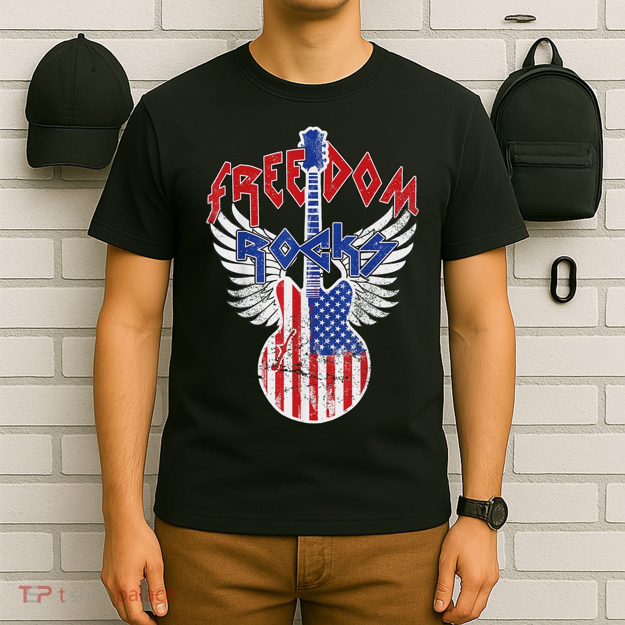 Freedom Rocks 4th Of July Patriotic Usa Flag Rocks Guitar T-Shirt