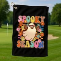 Funny Retro 60s Halloween Spooky Season Hippie Ghost Golf Towel thumb 1