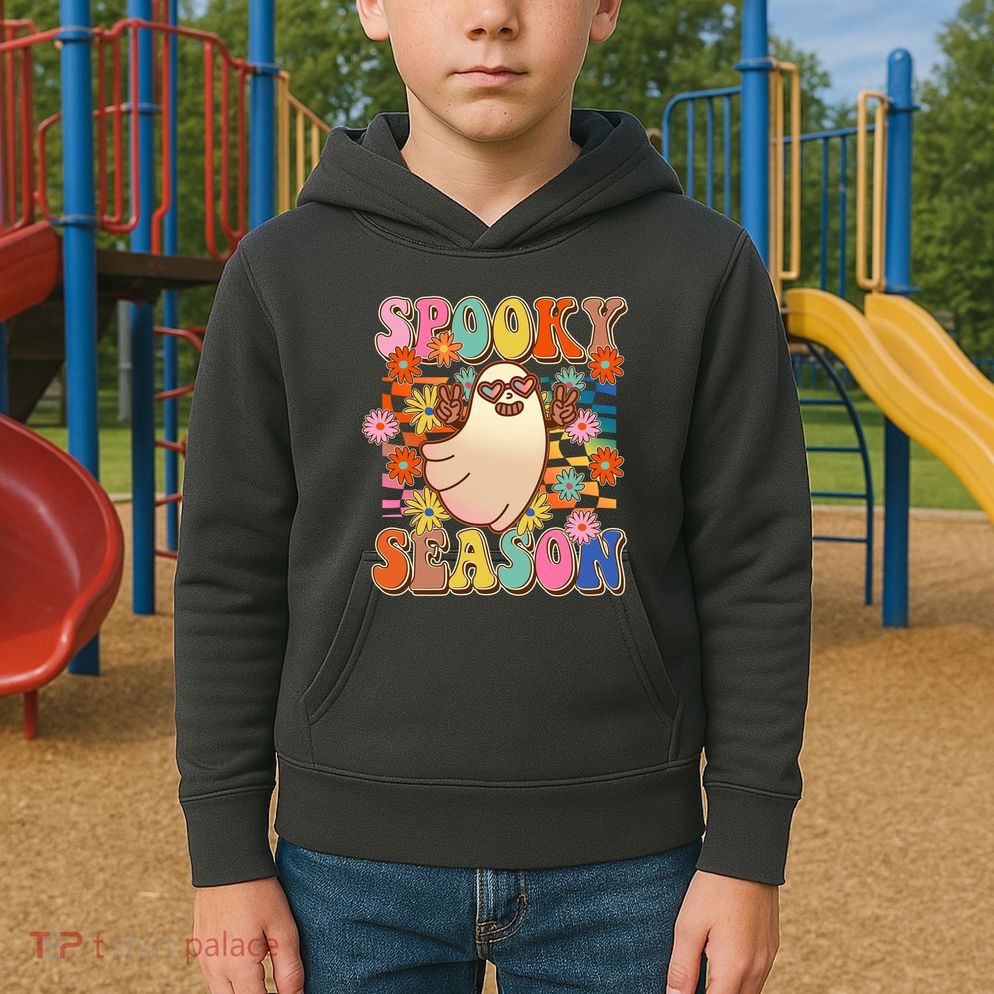 Funny Retro 60s Halloween Spooky Season Hippie Ghost Kids Hoodie