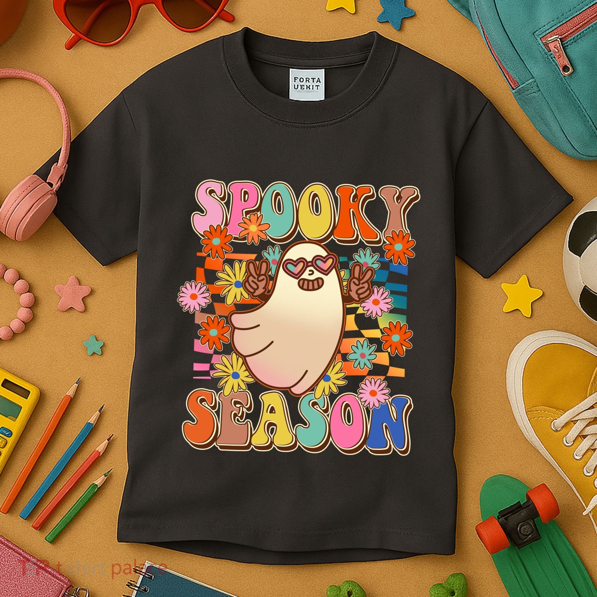 Funny Retro 60s Halloween Spooky Season Hippie Ghost Kids T-Shirt