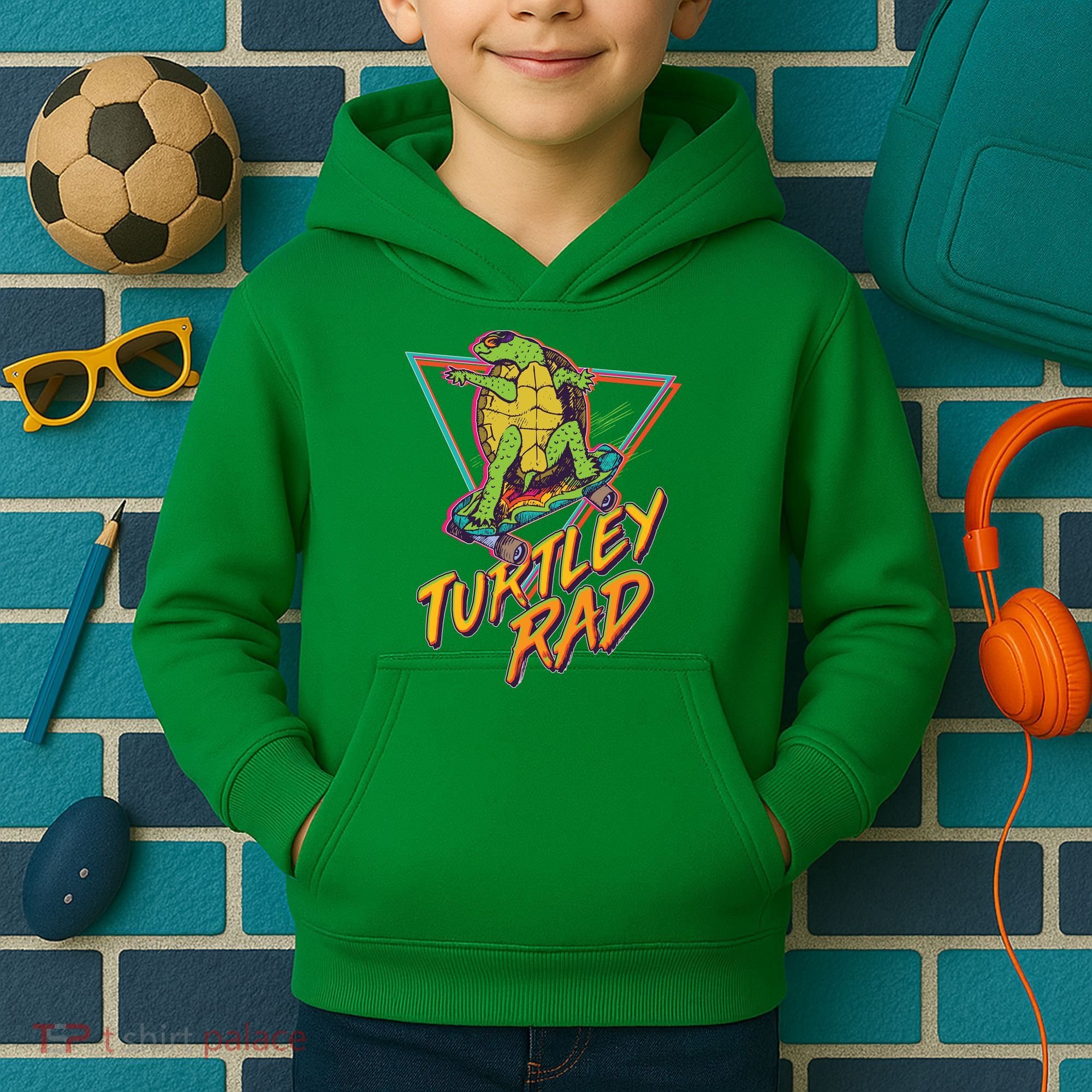 Funny Retro 80's Turtley Rad Skateboarding Turtle Kids Hoodie