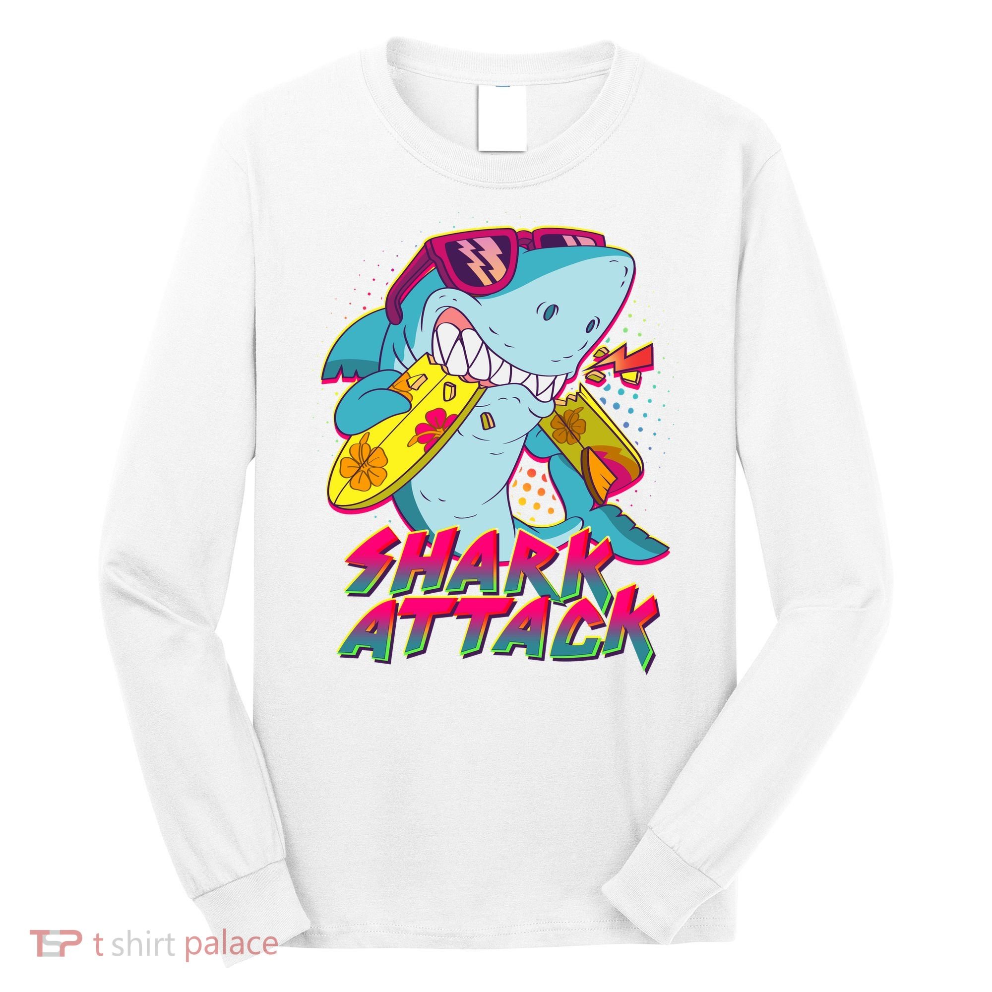 Funny Retro 80s Shark Attack Long Sleeve Shirt