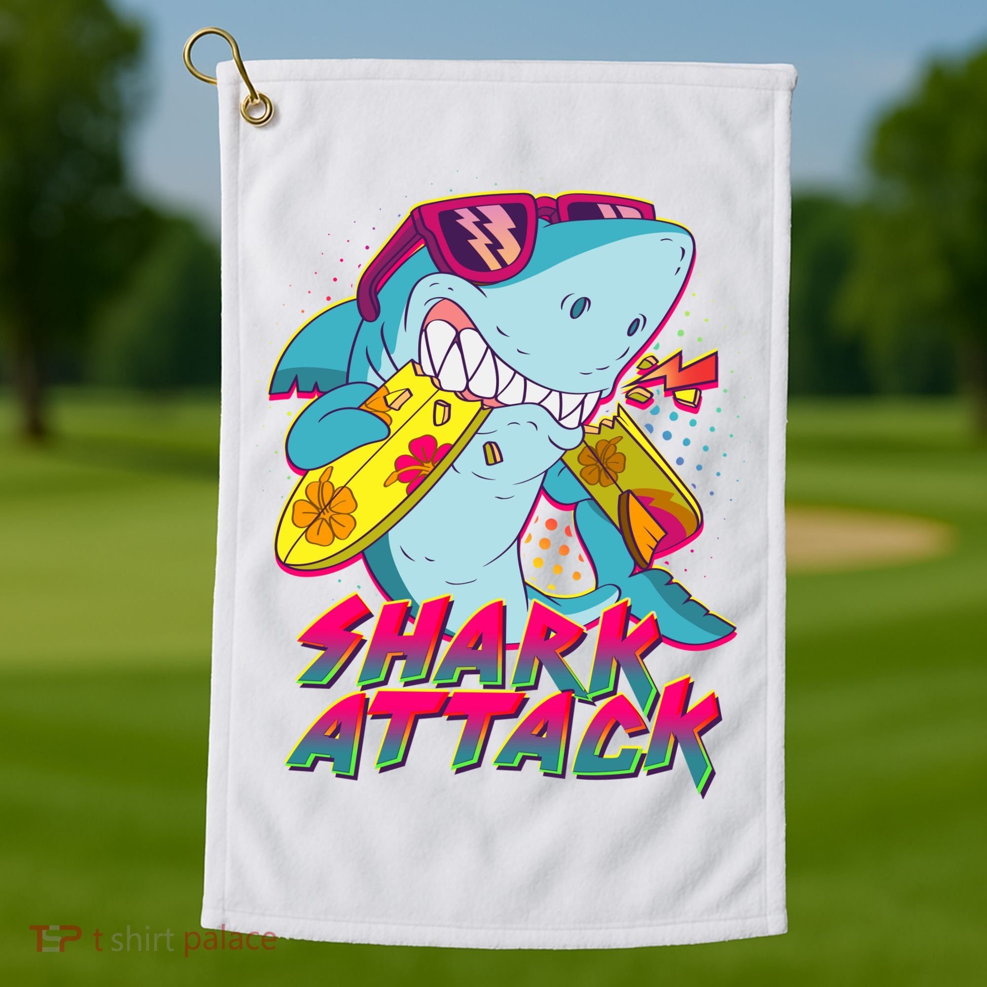 Funny Retro 80s Shark Attack Golf Towel