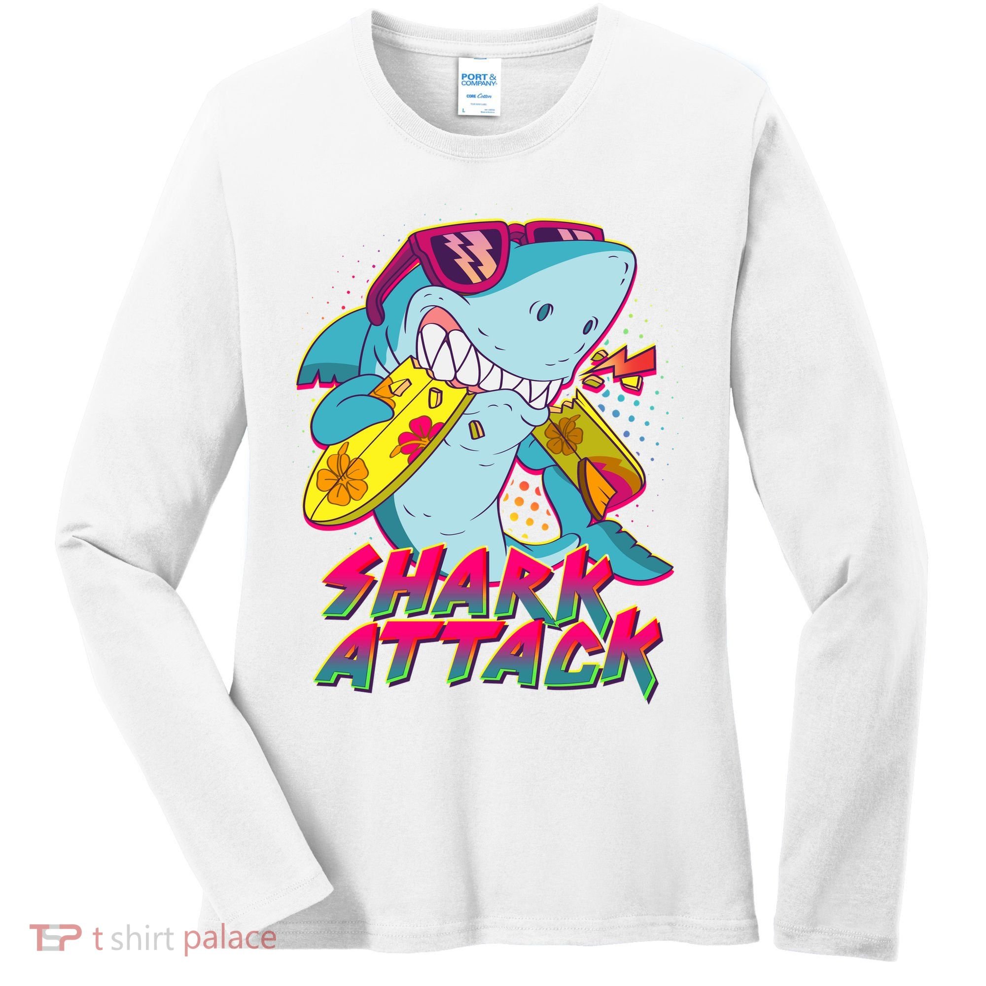 Funny Retro 80s Shark Attack Women's Long Sleeve Shirt