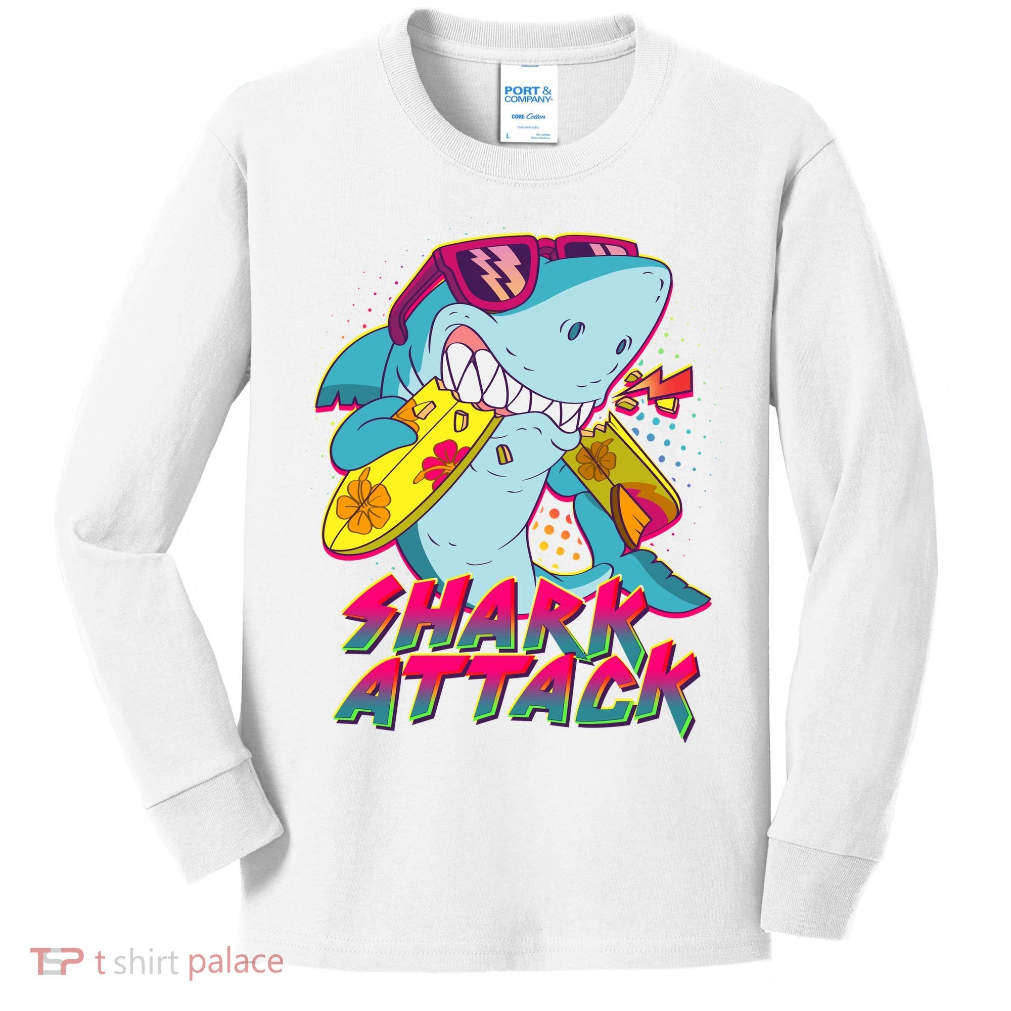Funny Retro 80s Shark Attack Kids Long Sleeve Shirt