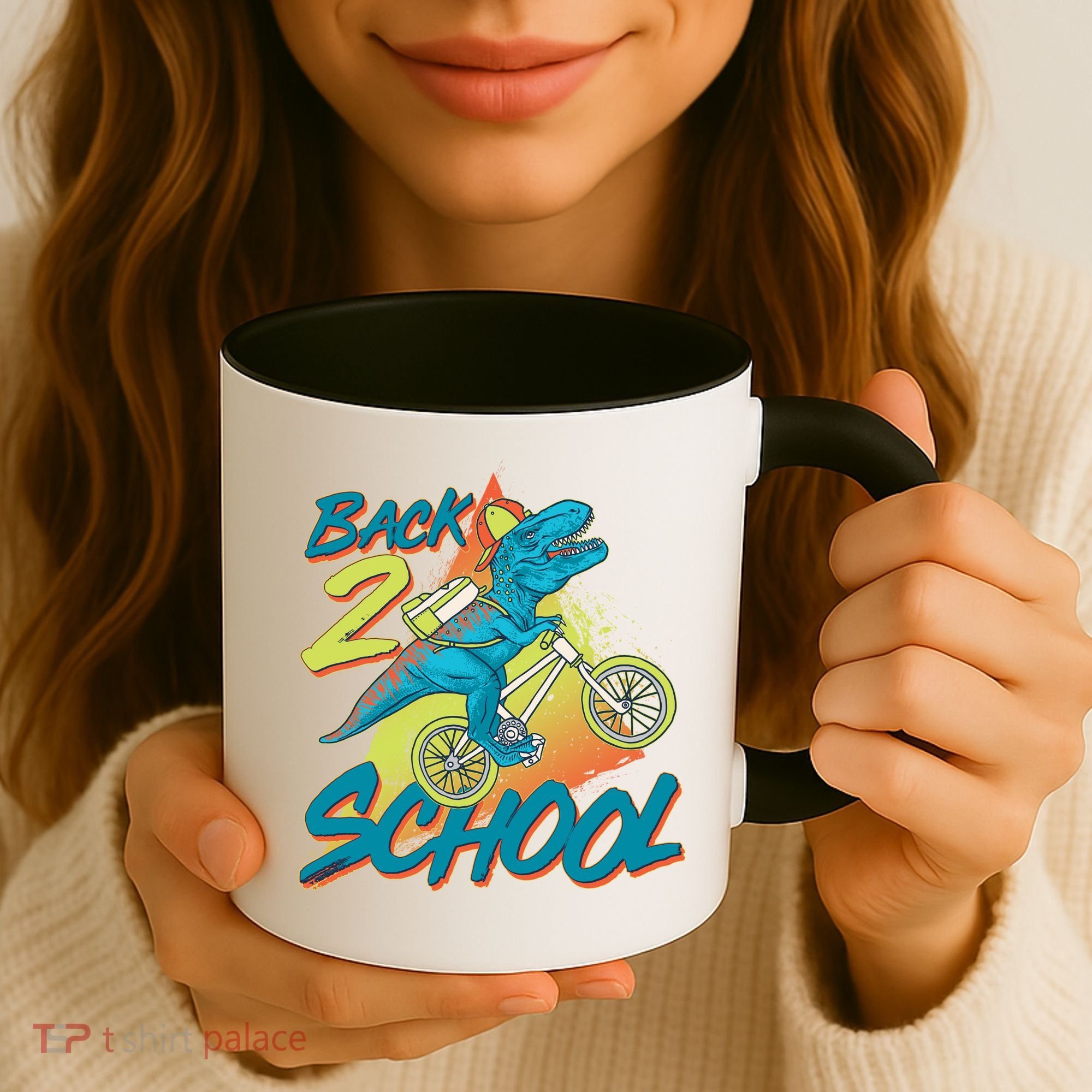 Funny Retro 80's 90's Back To 2 School TRex Dinosaur Bike Coffee Mug