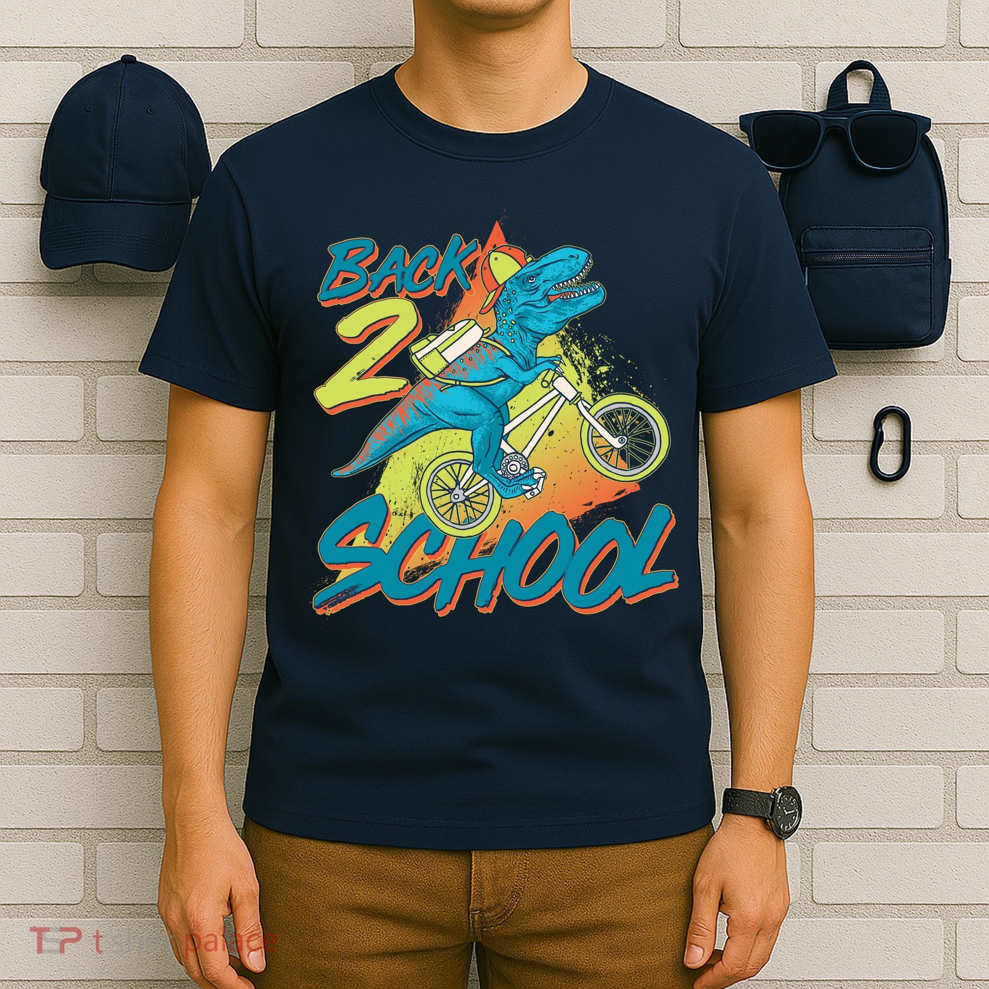 Funny Retro 80's 90's Back To 2 School TRex Dinosaur Bike T-Shirt