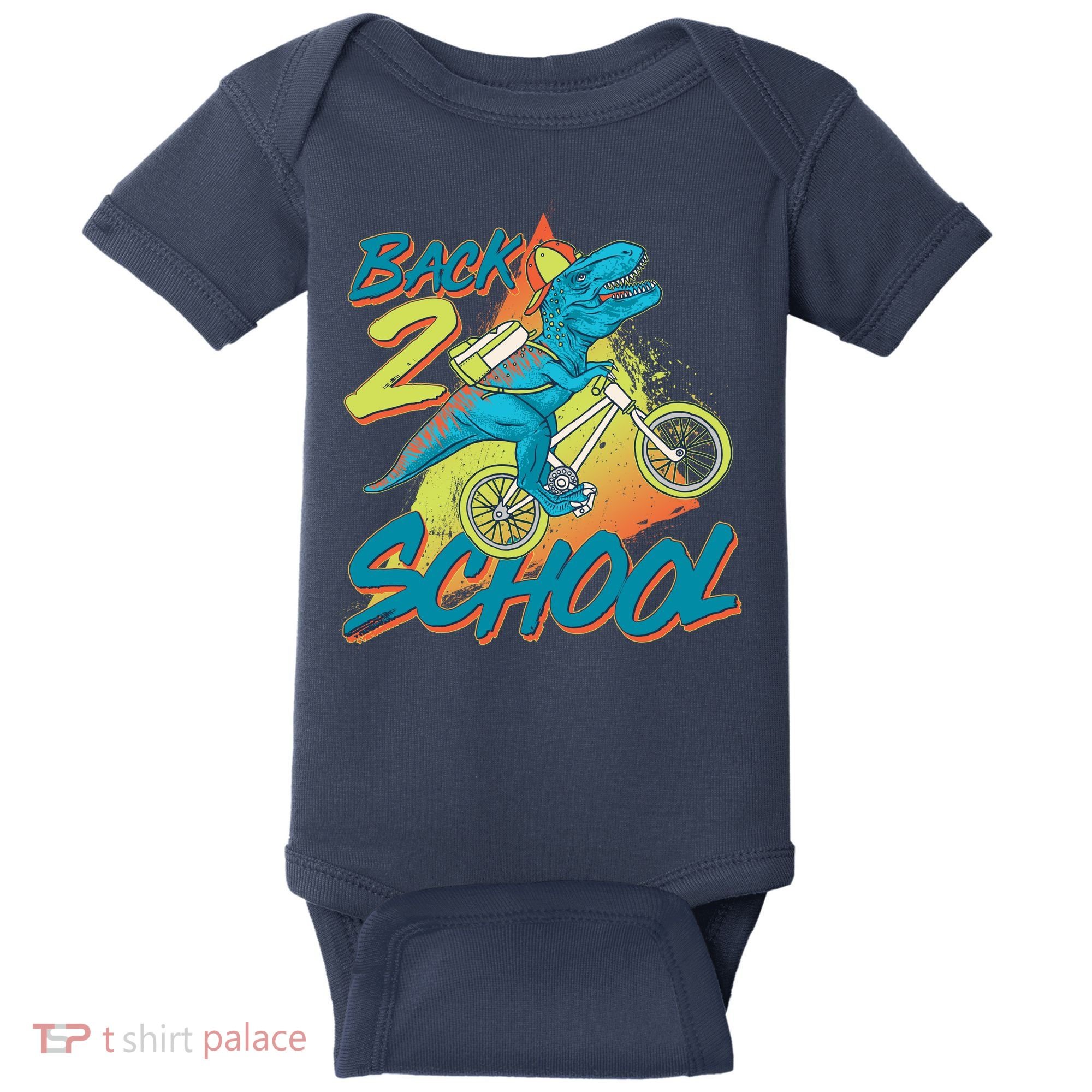 Funny Retro 80's 90's Back To 2 School TRex Dinosaur Bike Baby Bodysuit