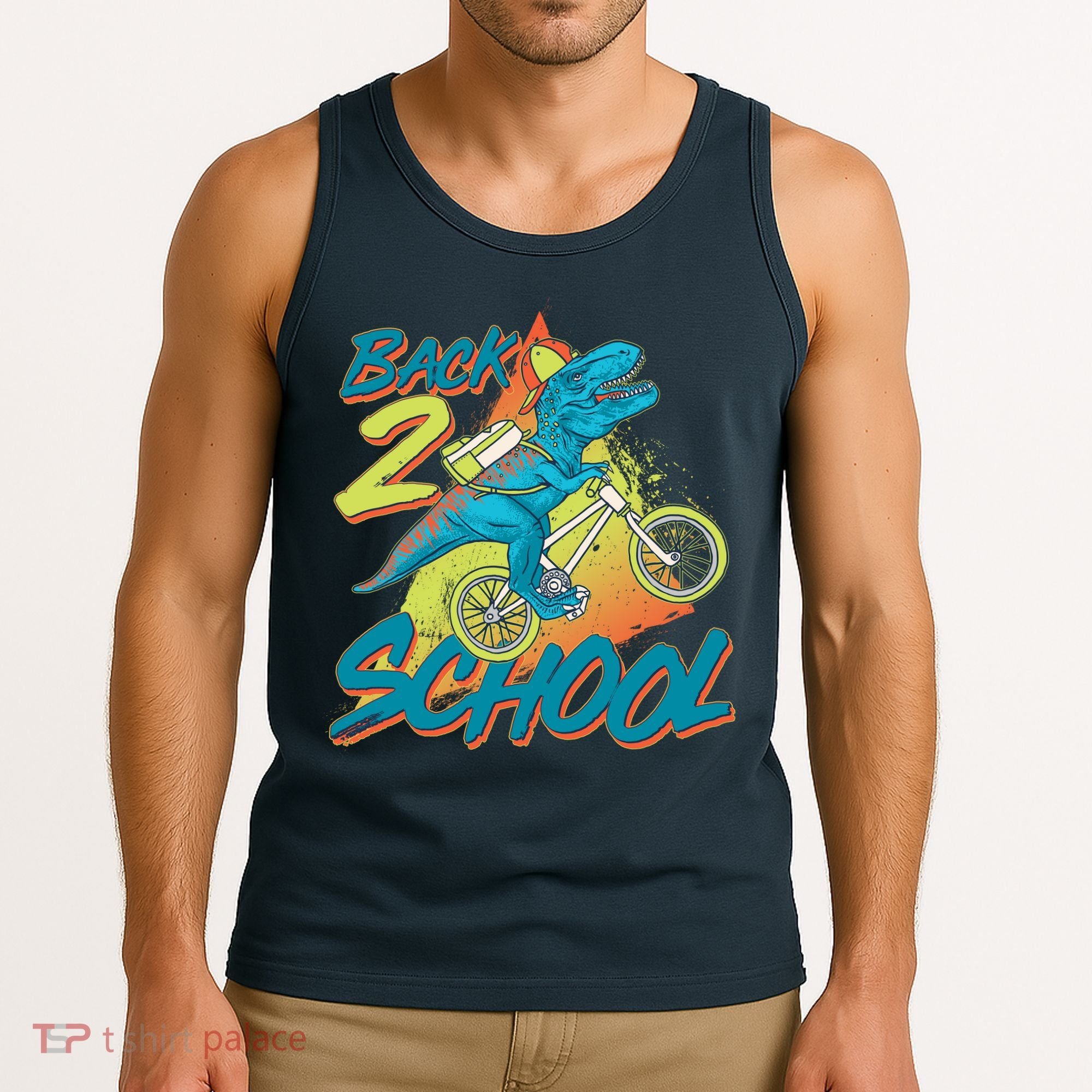 Funny Retro 80's 90's Back To 2 School TRex Dinosaur Bike Tank Top