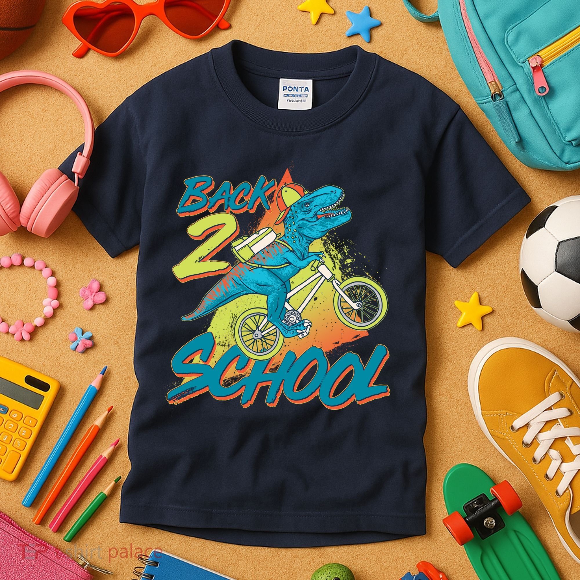 Funny Retro 80's 90's Back To 2 School TRex Dinosaur Bike Kids T-Shirt
