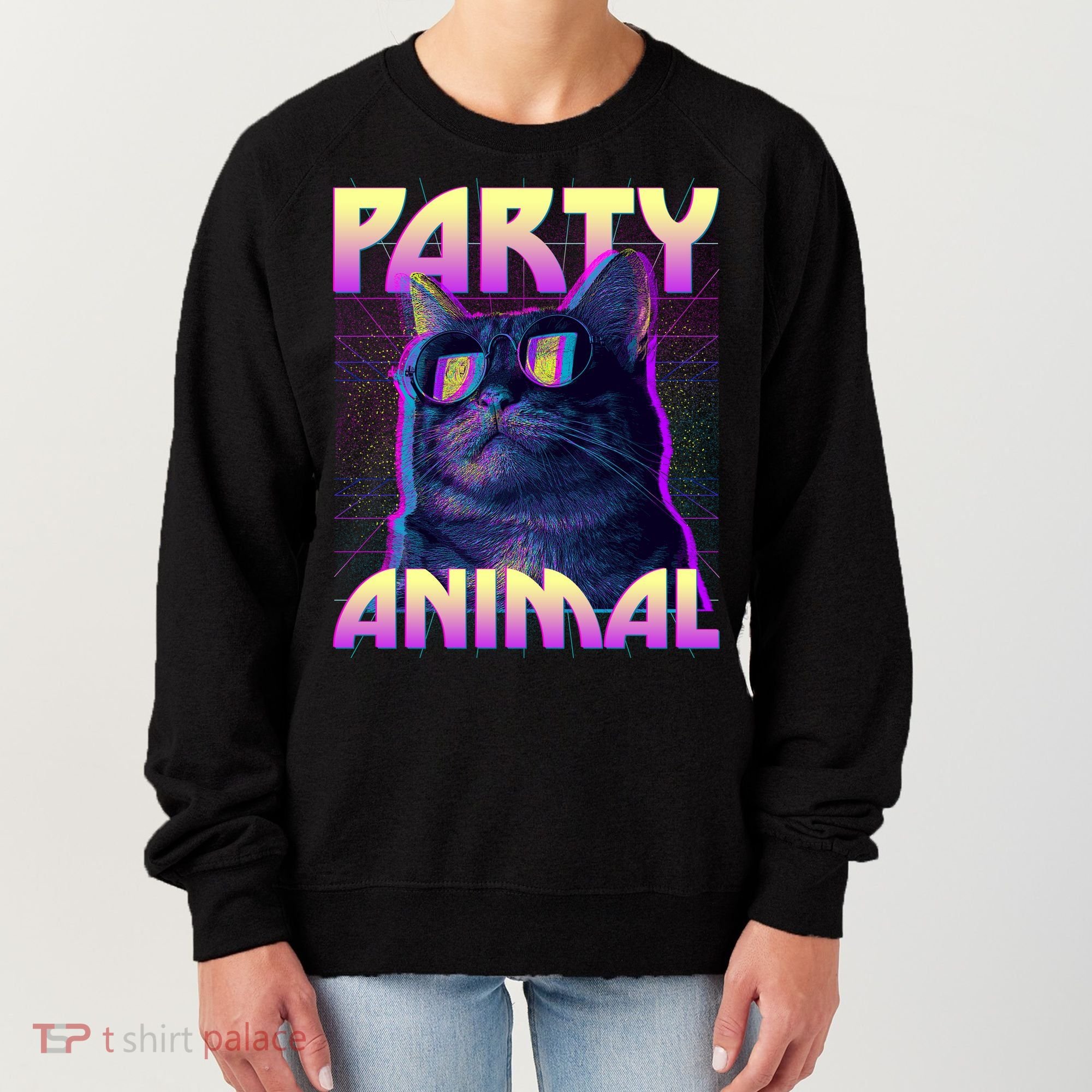 Funny Retro 80s Eighties Party Animal Cat Women's Sweatshirt