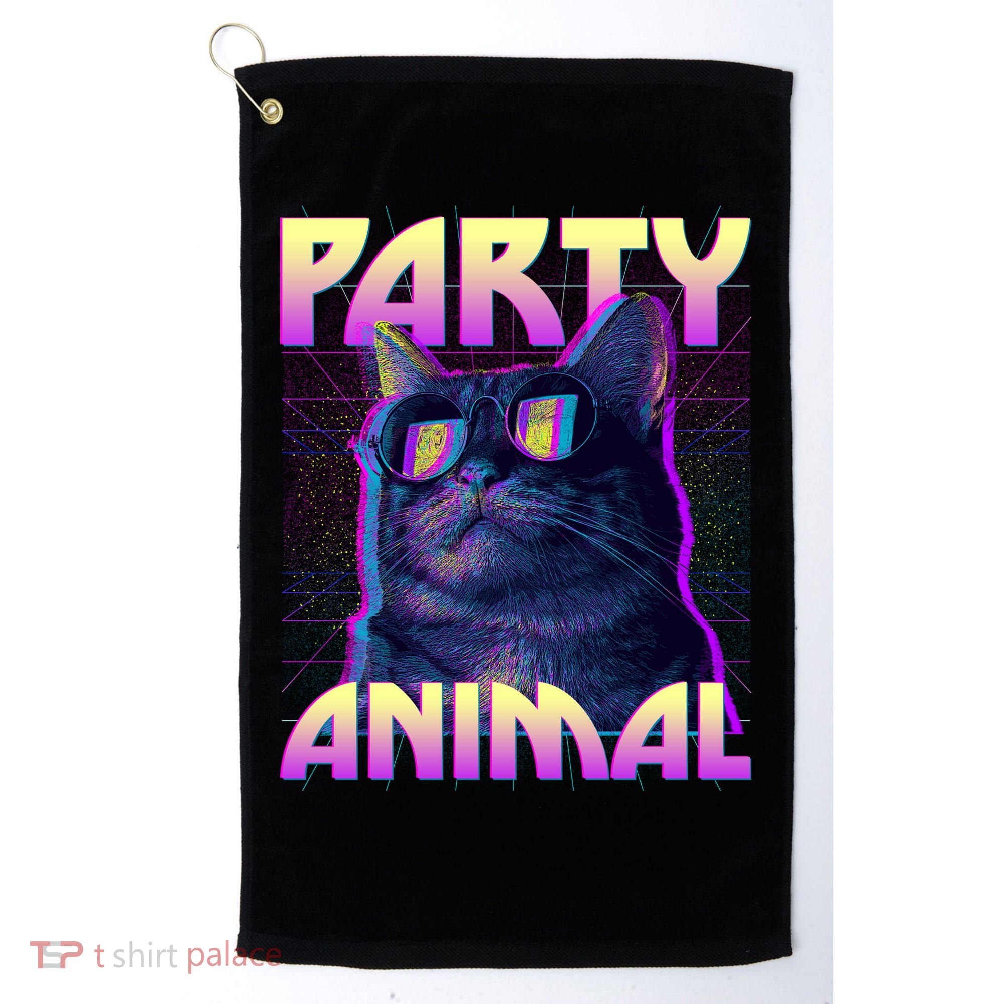 Funny Retro 80s Eighties Party Animal Cat Golf Towel