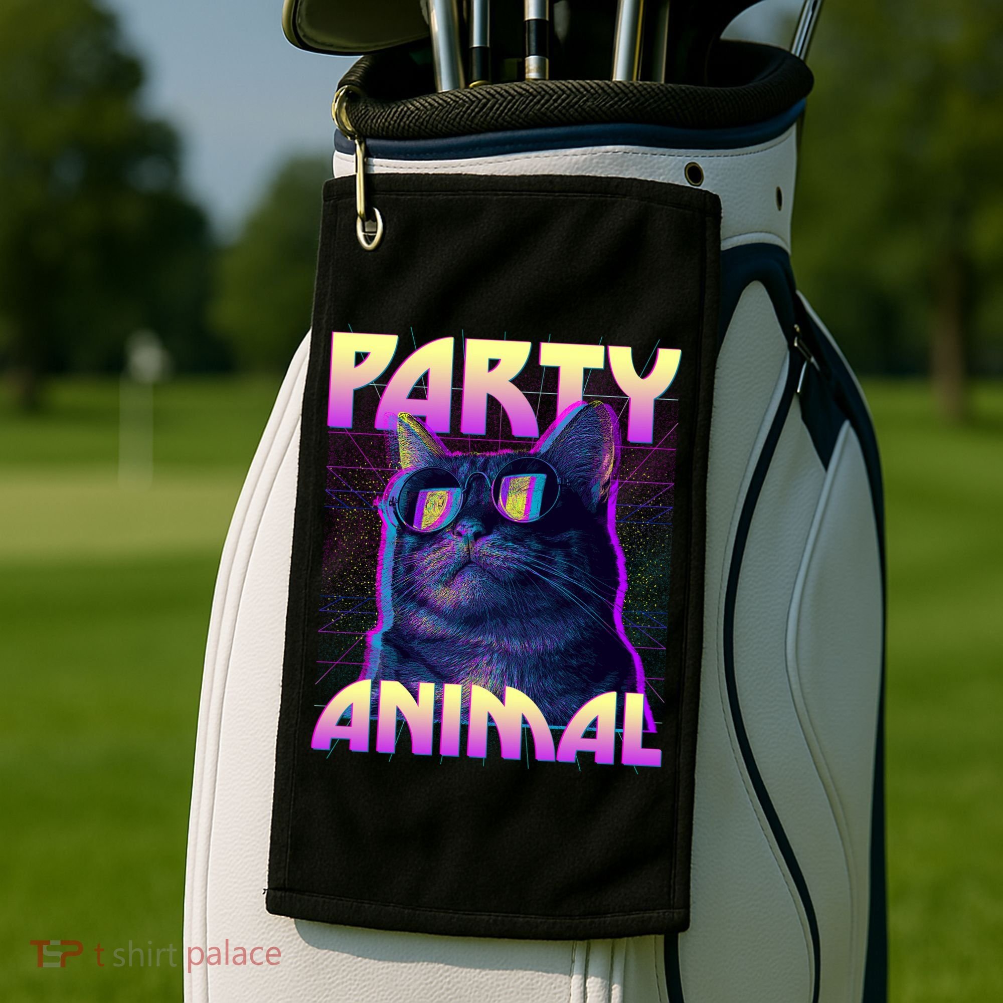 Funny Retro 80s Eighties Party Animal Cat Golf Towel