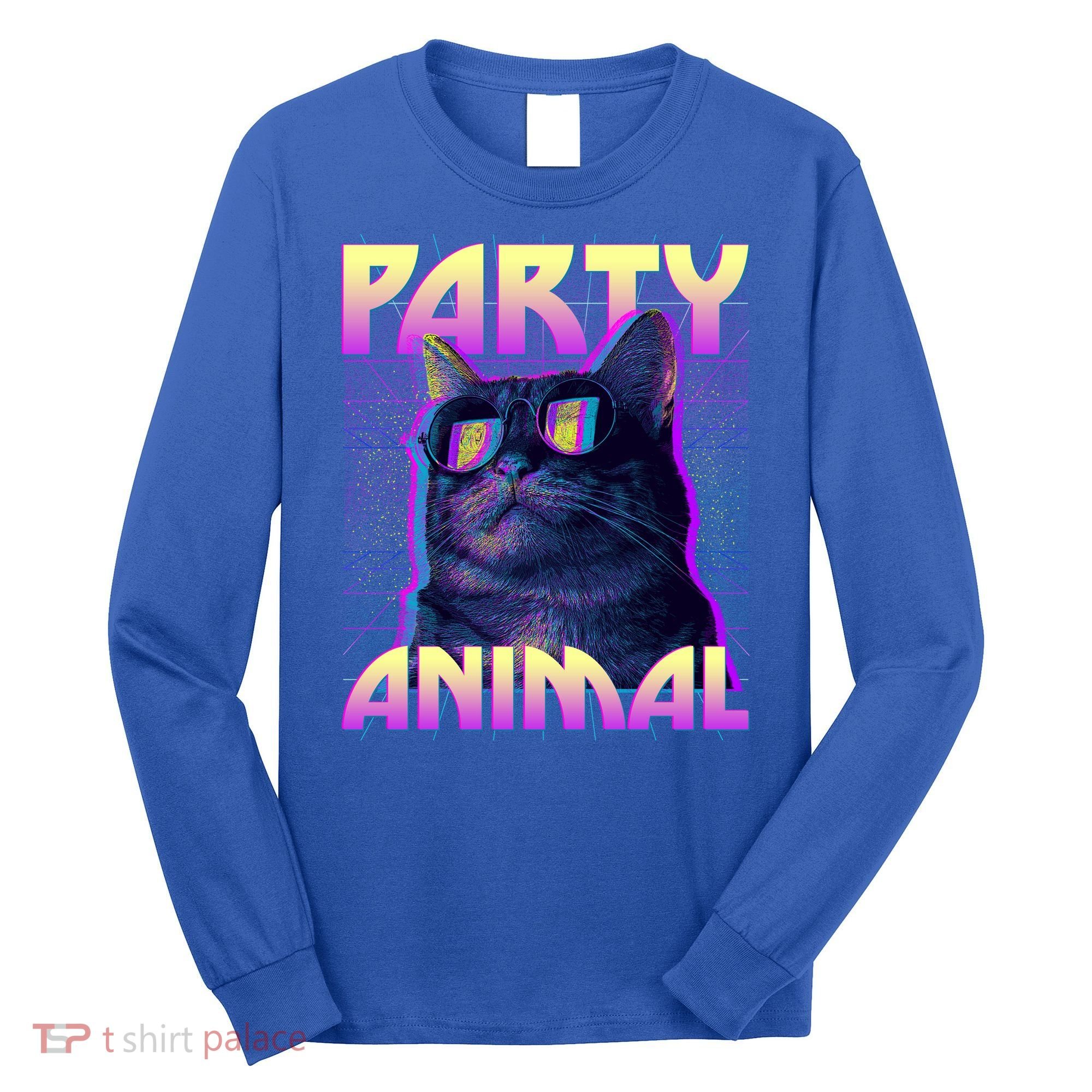 Funny Retro 80s Eighties Party Animal Cat Long Sleeve Shirt