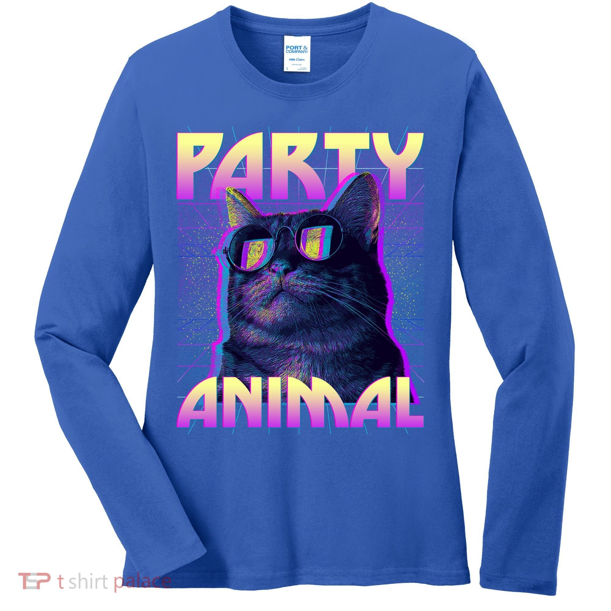 Funny Retro 80s Eighties Party Animal Cat Women's Long Sleeve Shirt