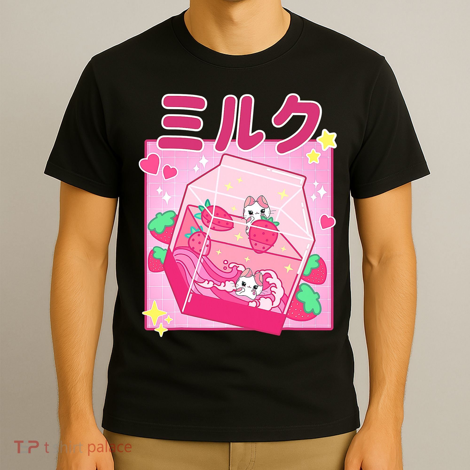 Funny Retro 90s Strawberry Milkshake Carton Kawaii Cat T-Shirt