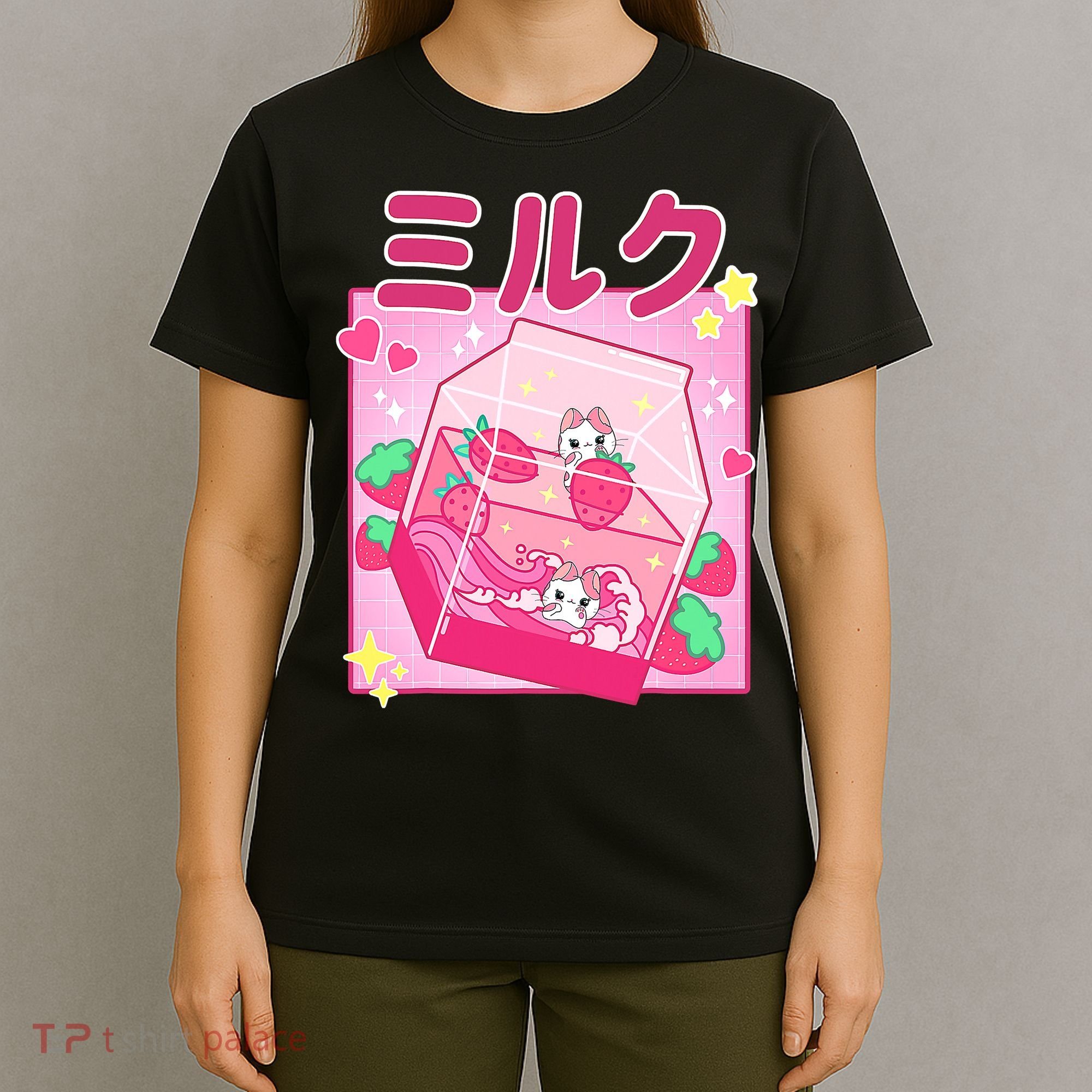 Funny Retro 90s Strawberry Milkshake Carton Kawaii Cat T-Shirt