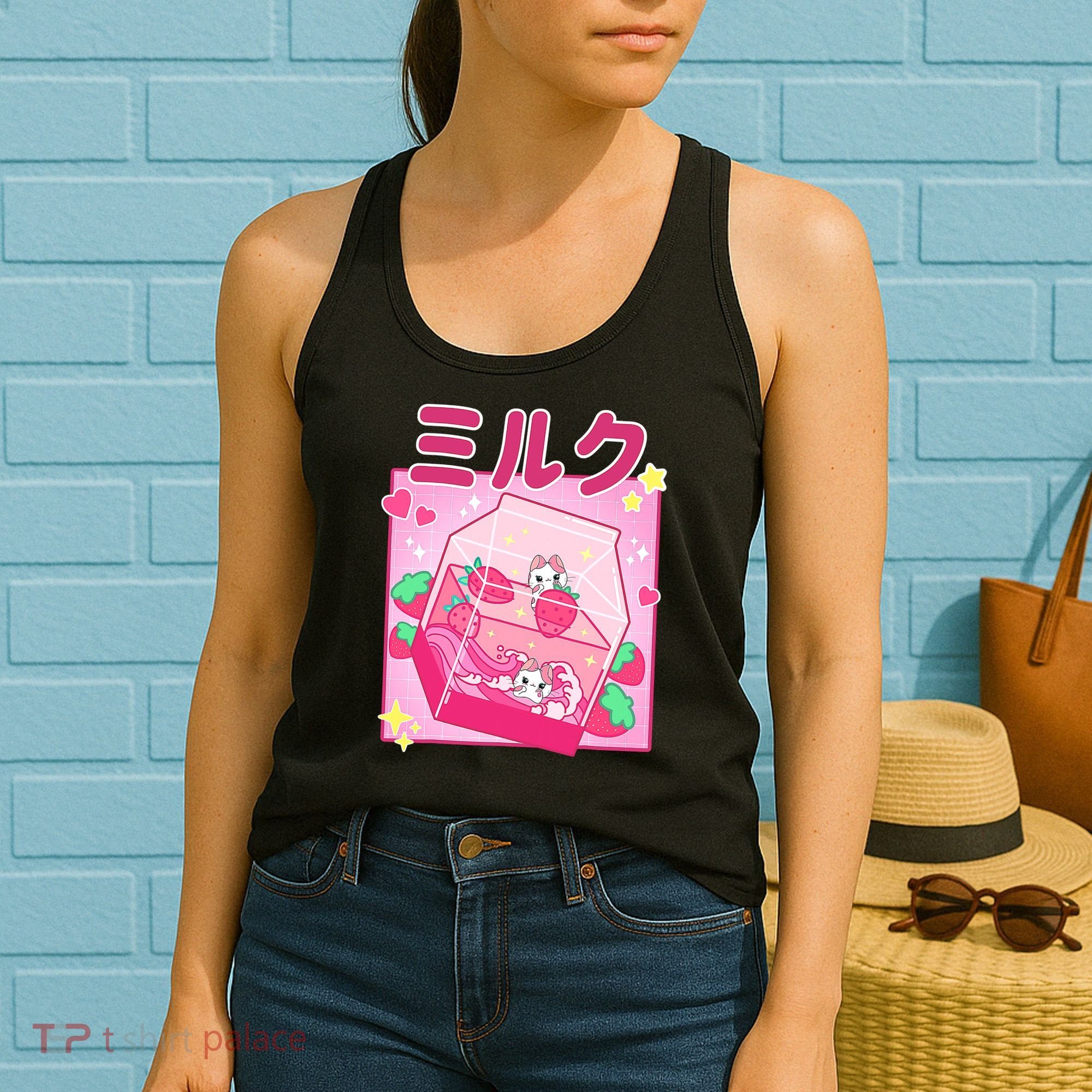 Funny Retro 90s Strawberry Milkshake Carton Kawaii Cat Women's Tank Top